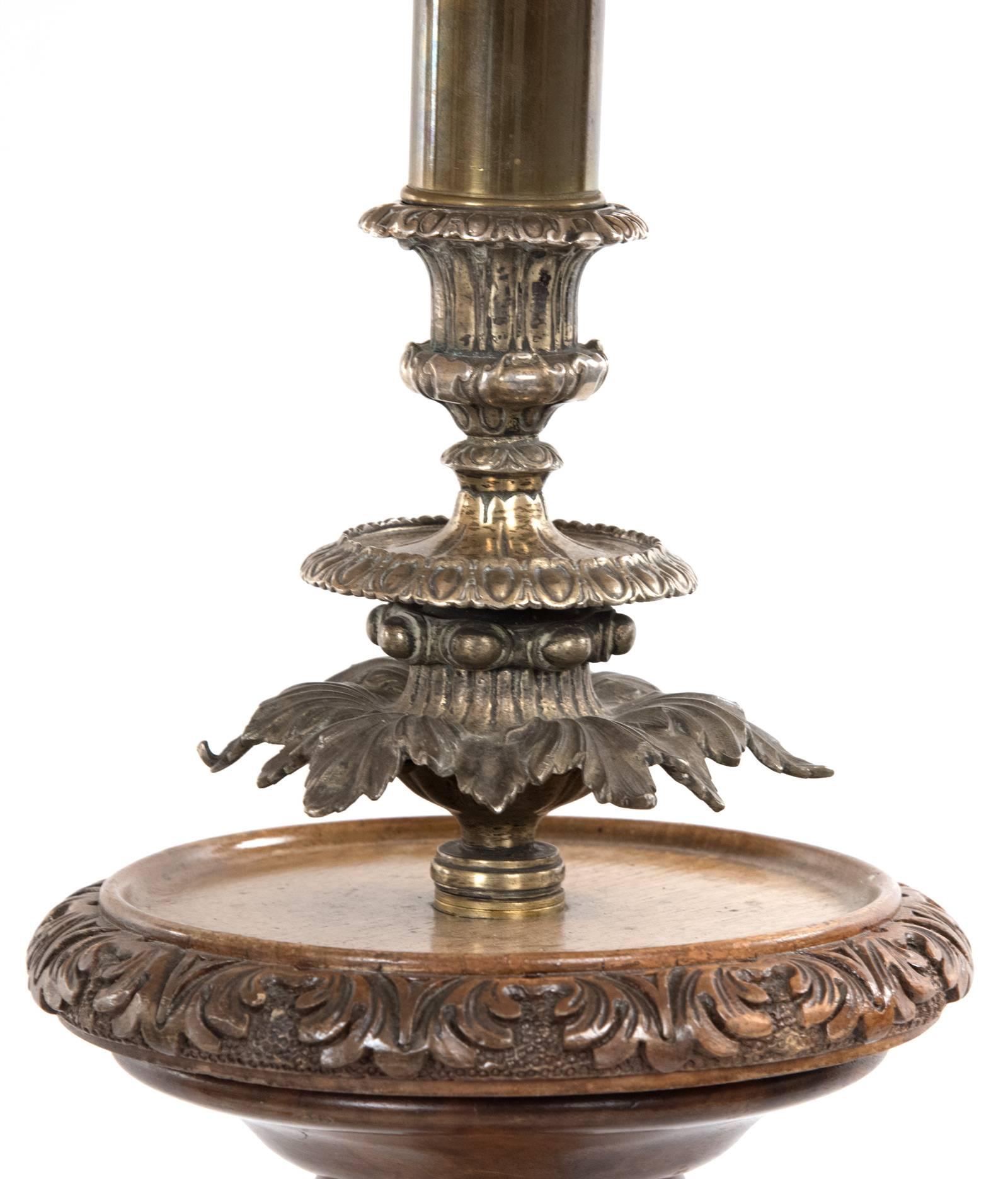 19th Century Pair of Carved Wood and Brass Table Lamps For Sale