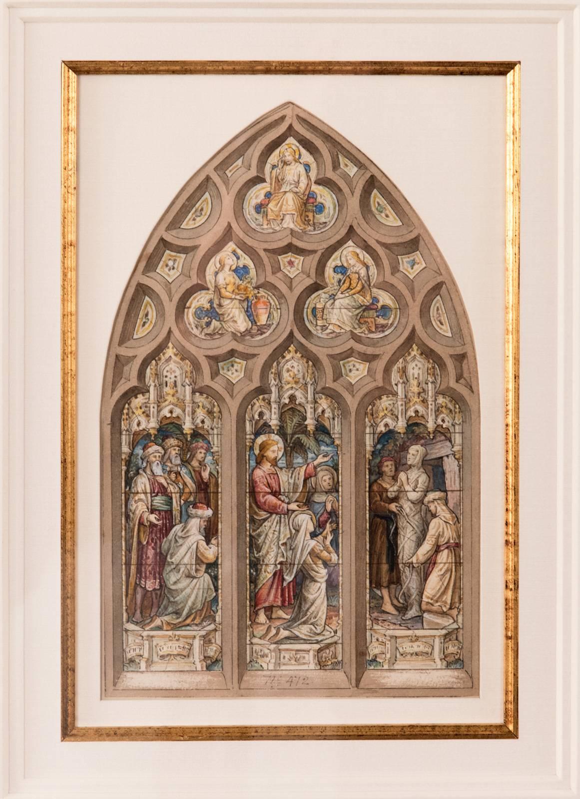 An original watercolor created by the artists Thomas William Camm (British, 1839-1912) for a Church commission. Camm is considered one of Great Britain's most talented designers of stained glass. Before production on a monumental work of stained