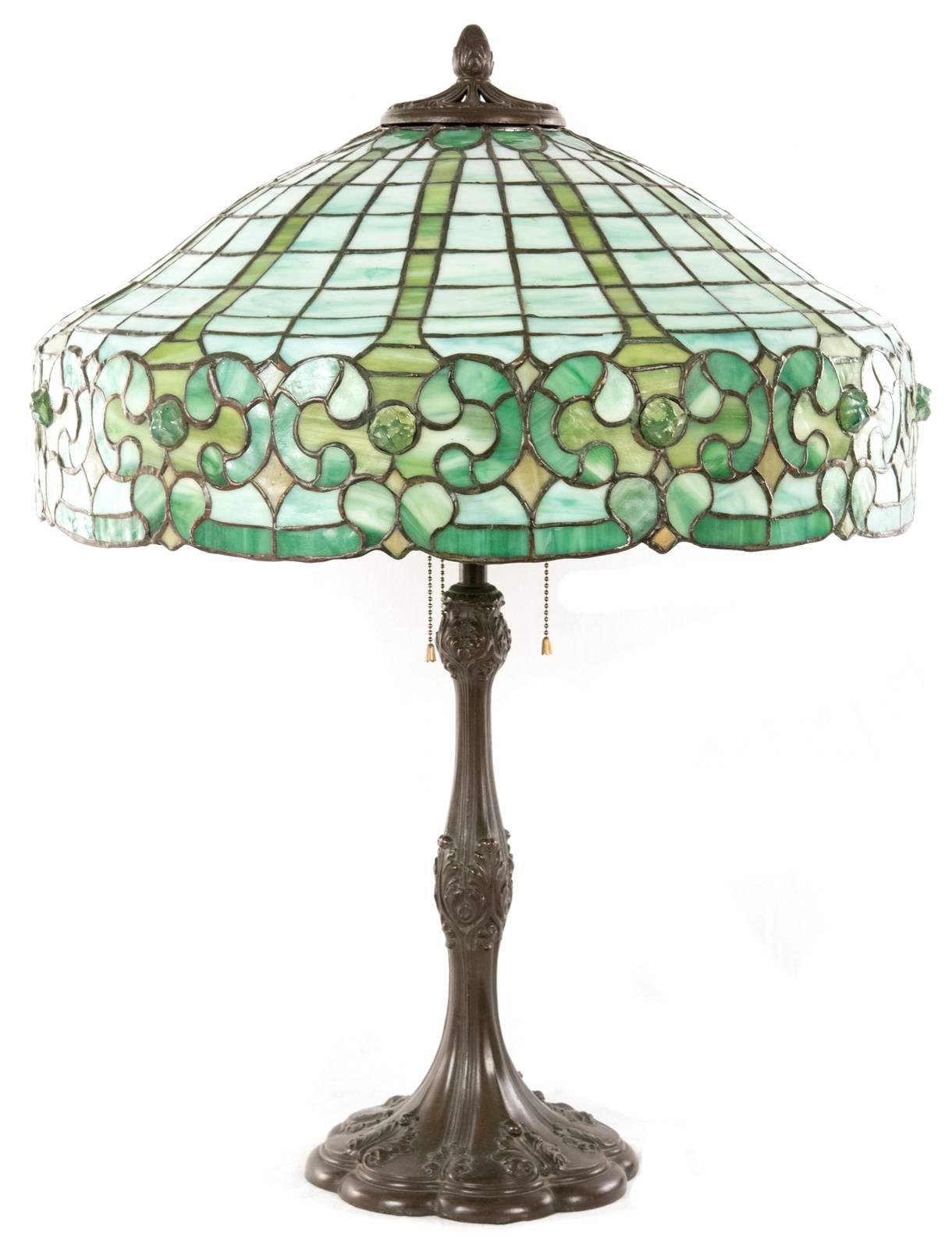 Art Deco Whaley Stained Glass and Bronze Table Lamp