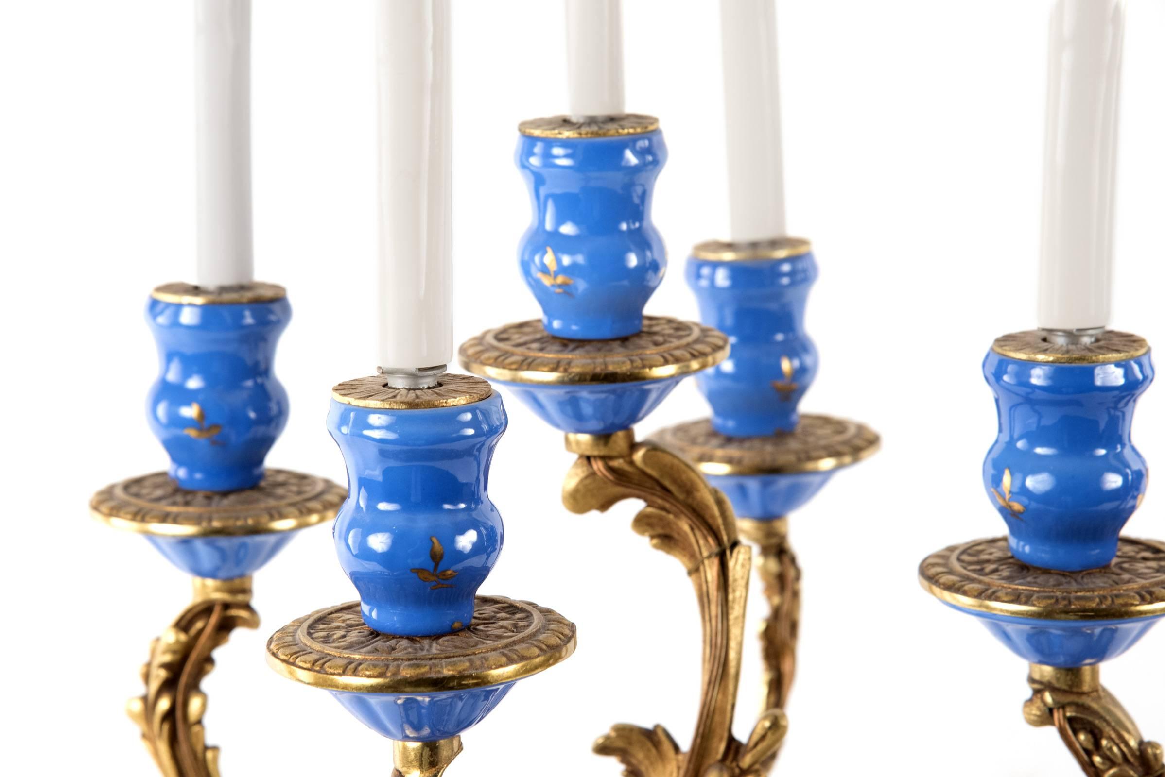 Rococo Revival Sevres-Style Porcelain and Ormolu-Mounted Five-Light Candelabra