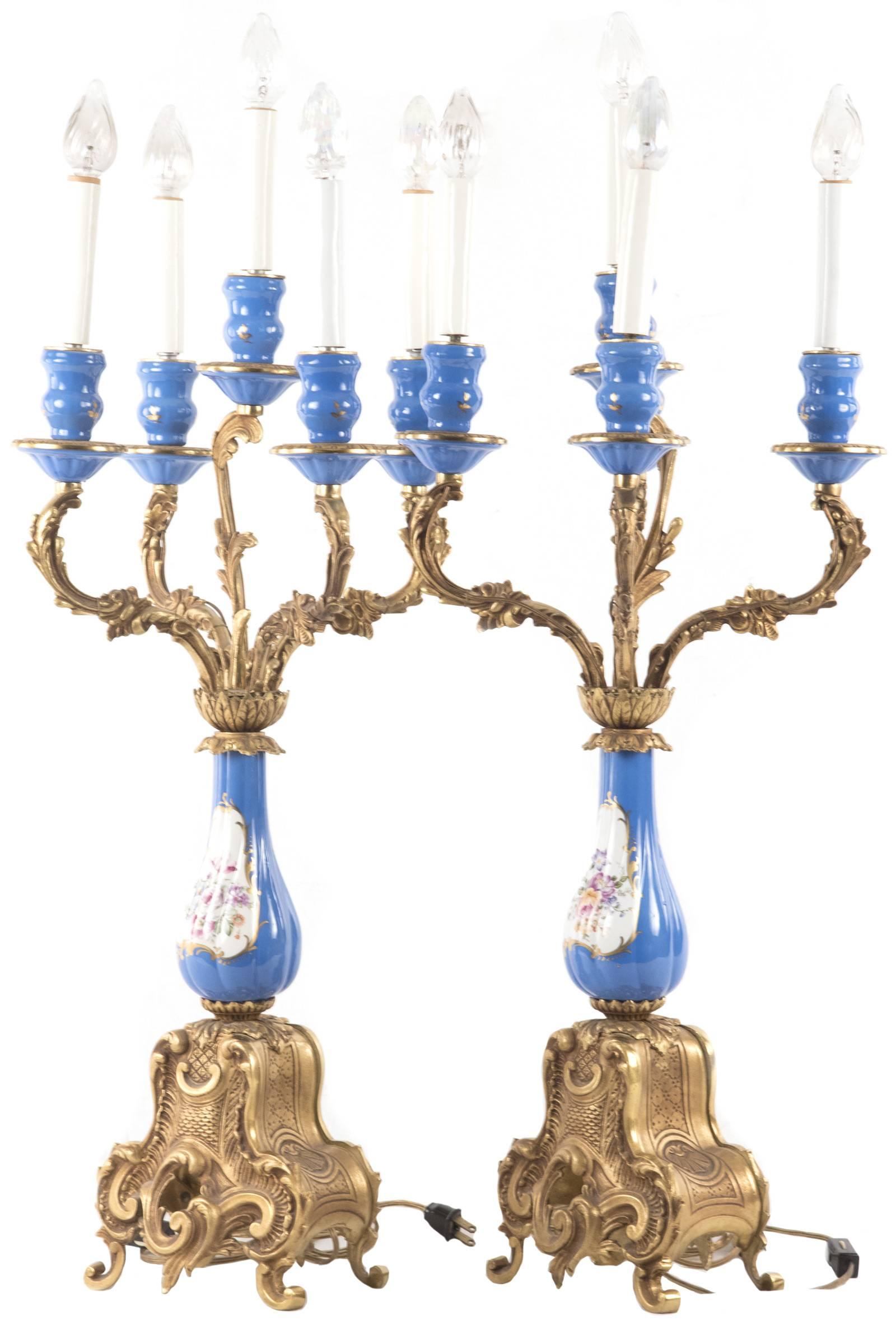 20th Century Sevres-Style Porcelain and Ormolu-Mounted Five-Light Candelabra