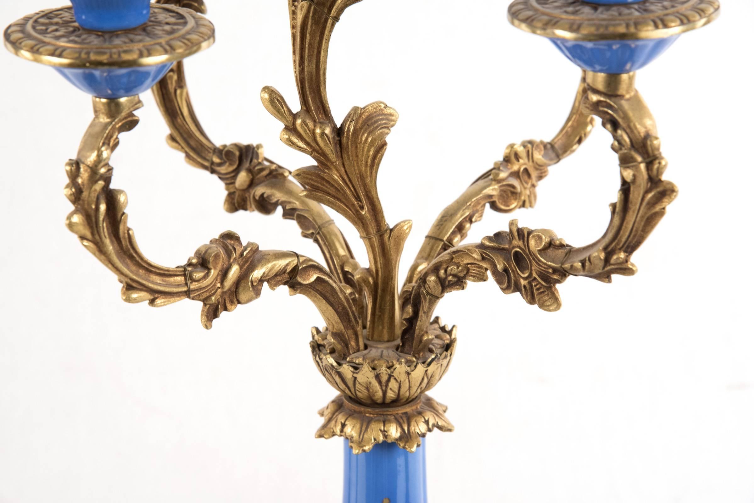 French Sevres-Style Porcelain and Ormolu-Mounted Five-Light Candelabra