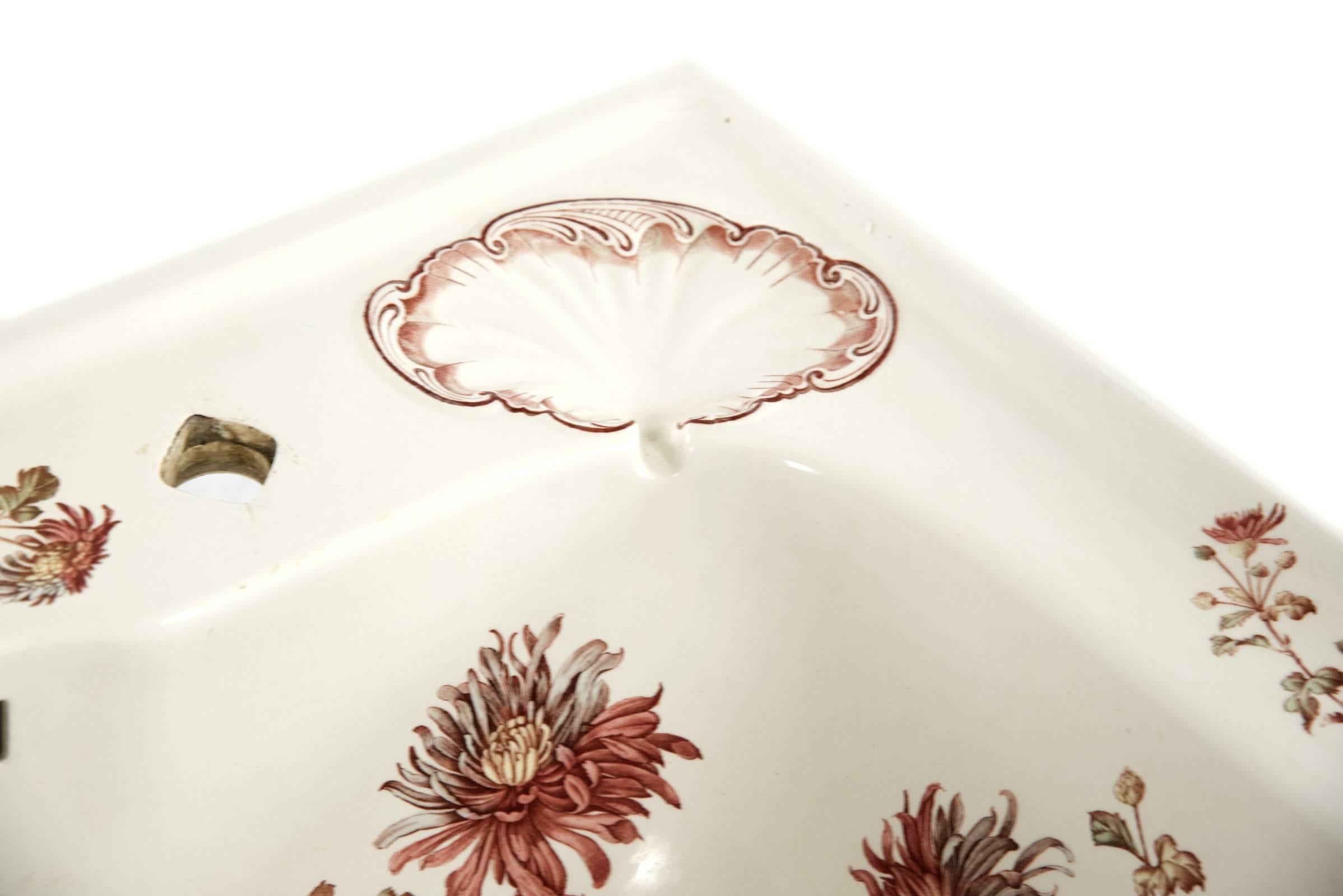 English Decorative Porcelain Basin with Transfer Polychromatic Foliate Design