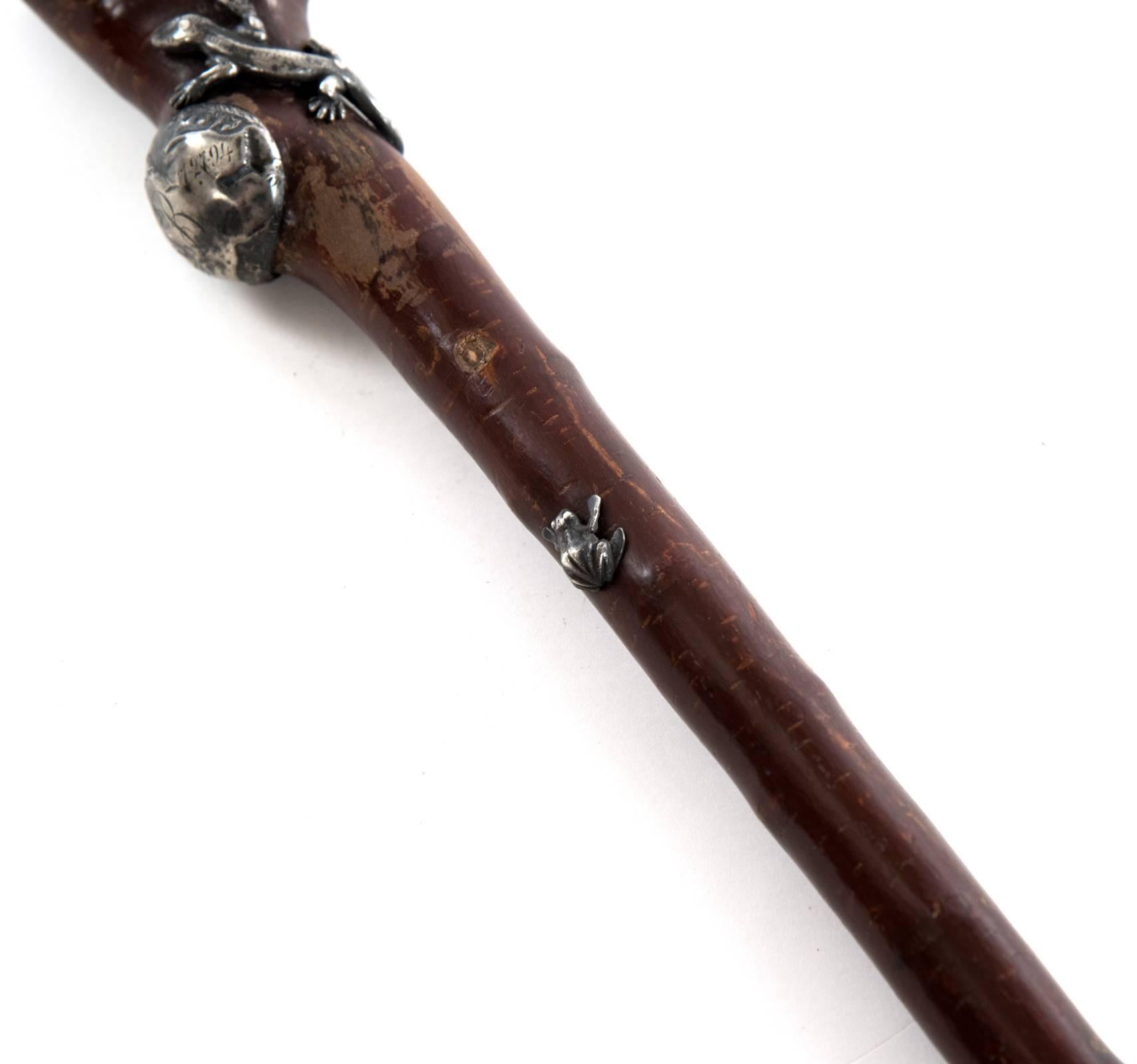 Organic Walking Stick with Silver Decorative Elements In Good Condition In Salt Lake City, UT