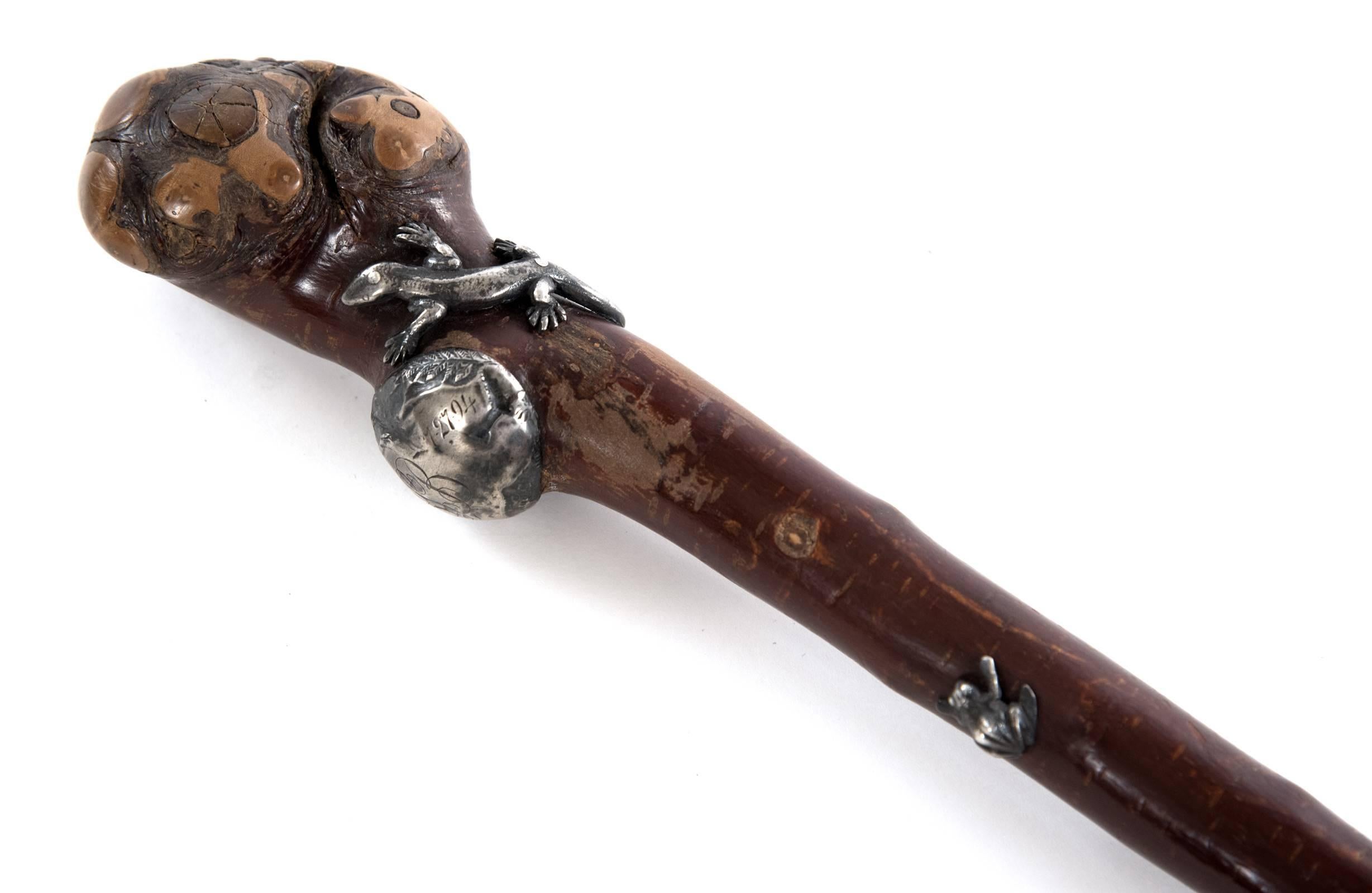 19th Century Organic Walking Stick with Silver Decorative Elements