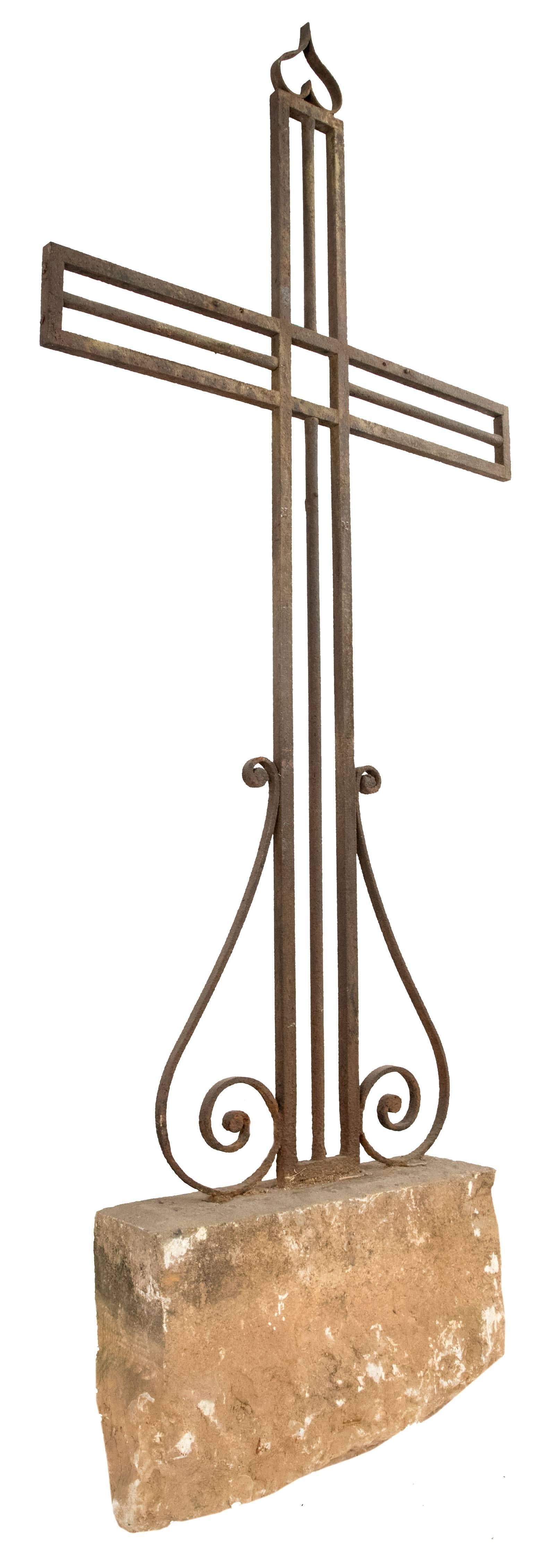 European Wrought Iron Crucifix with Stone Base