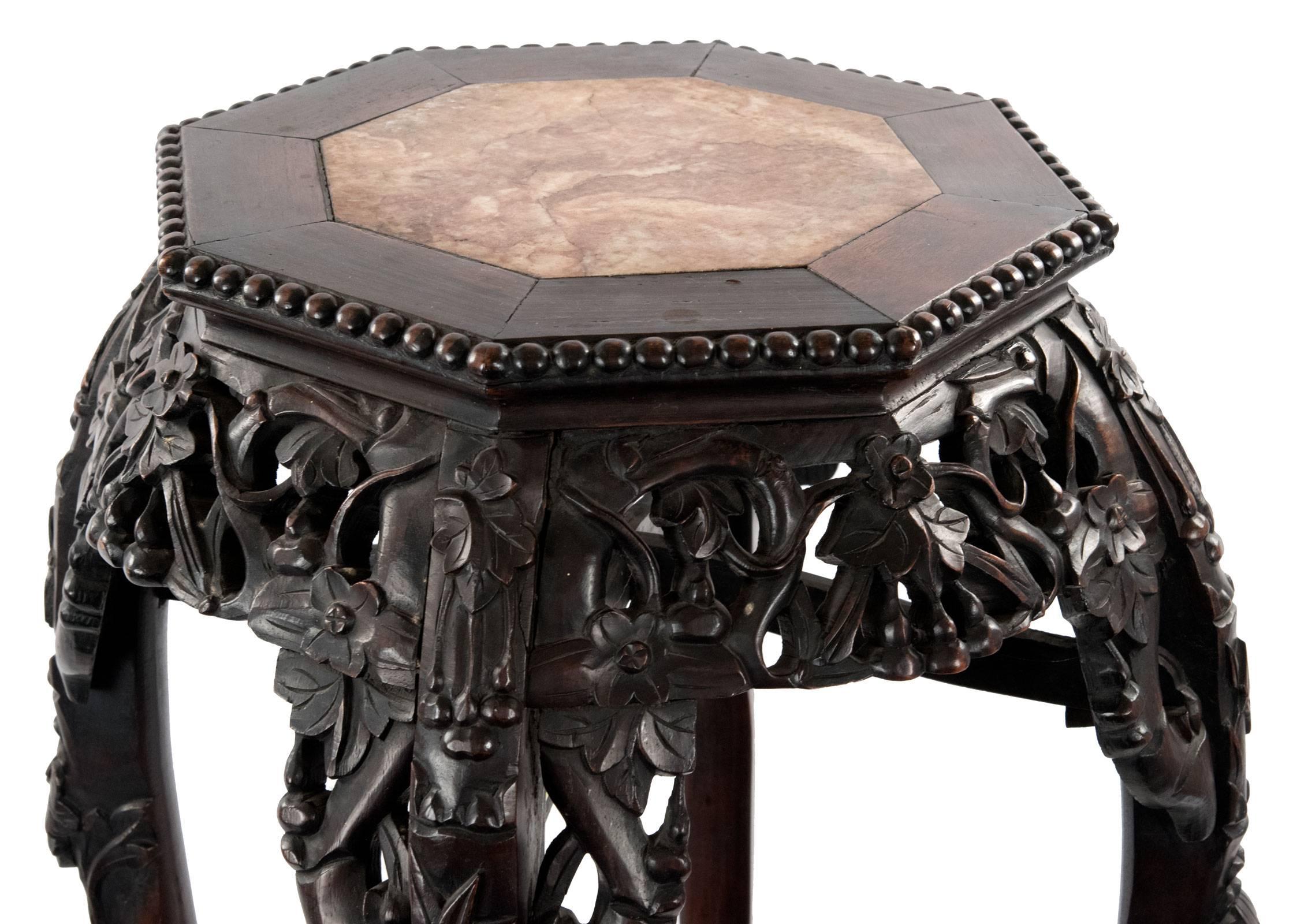 Ebonized 19th Century Chinese Carved Hardwood and Marble Stand