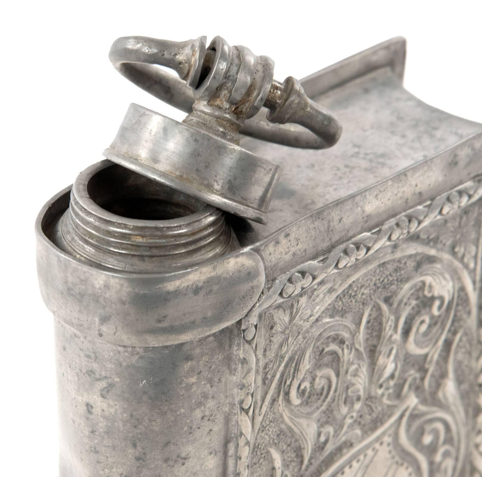 Renaissance Revival Faux-Book Pewter Flask with Renaissance-Style Engravings