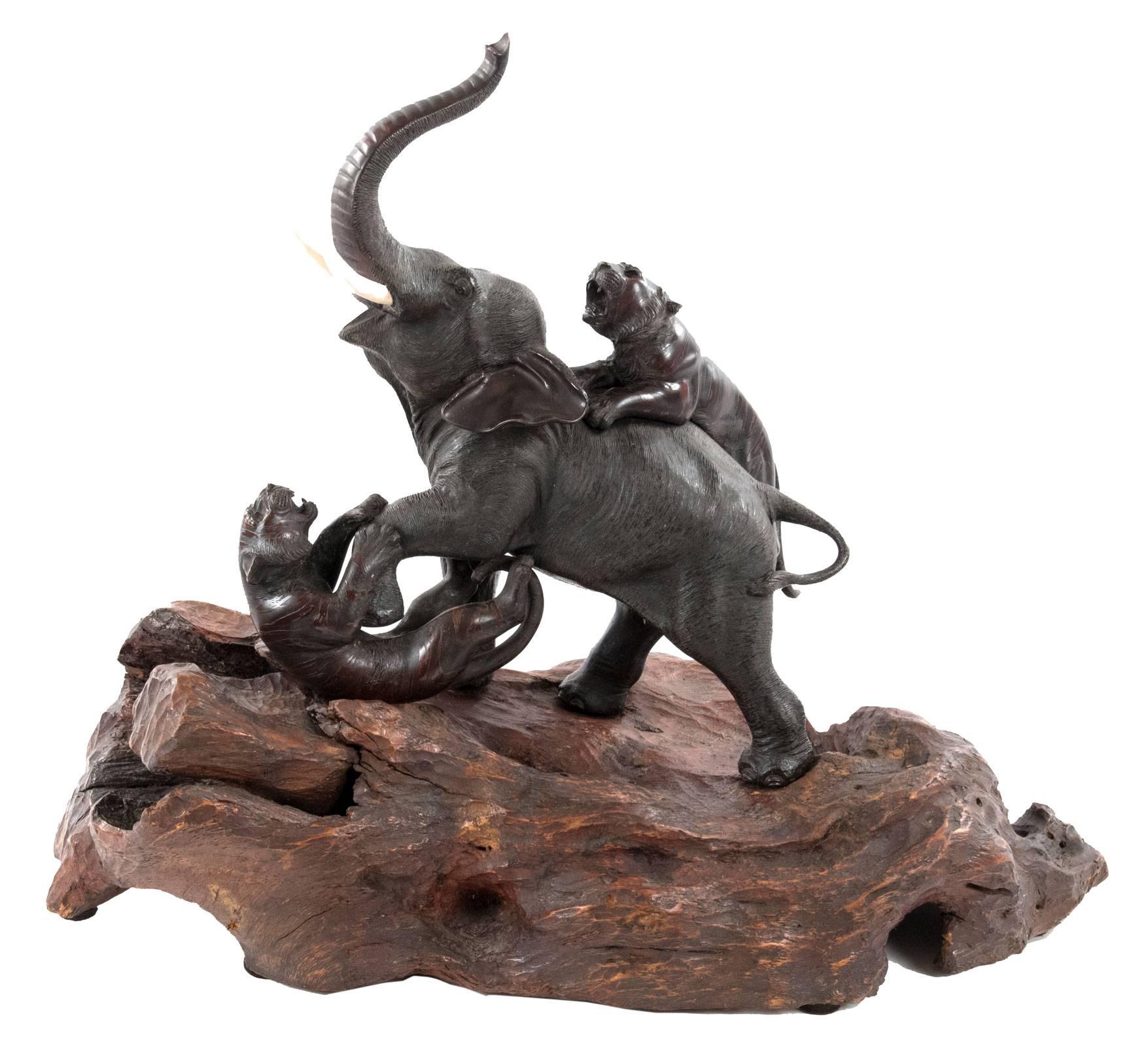 A Japanese wood and bronze elephant and tiger sculpture from the late Meiji period (1868-1912), the rearing bull elephant with a pair of attaching tigers, one on its back and the other at its underbelly, raised on a large naturalistic formed root