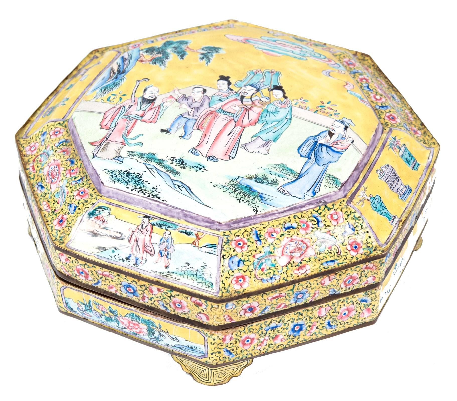 A Chinese yellow enamelled famille rose serving dish inset with eight removable compartments that are decorated with figural scenes set within a scrolling floral border. The lid is decorated with a central figural motif banded with an alternating
