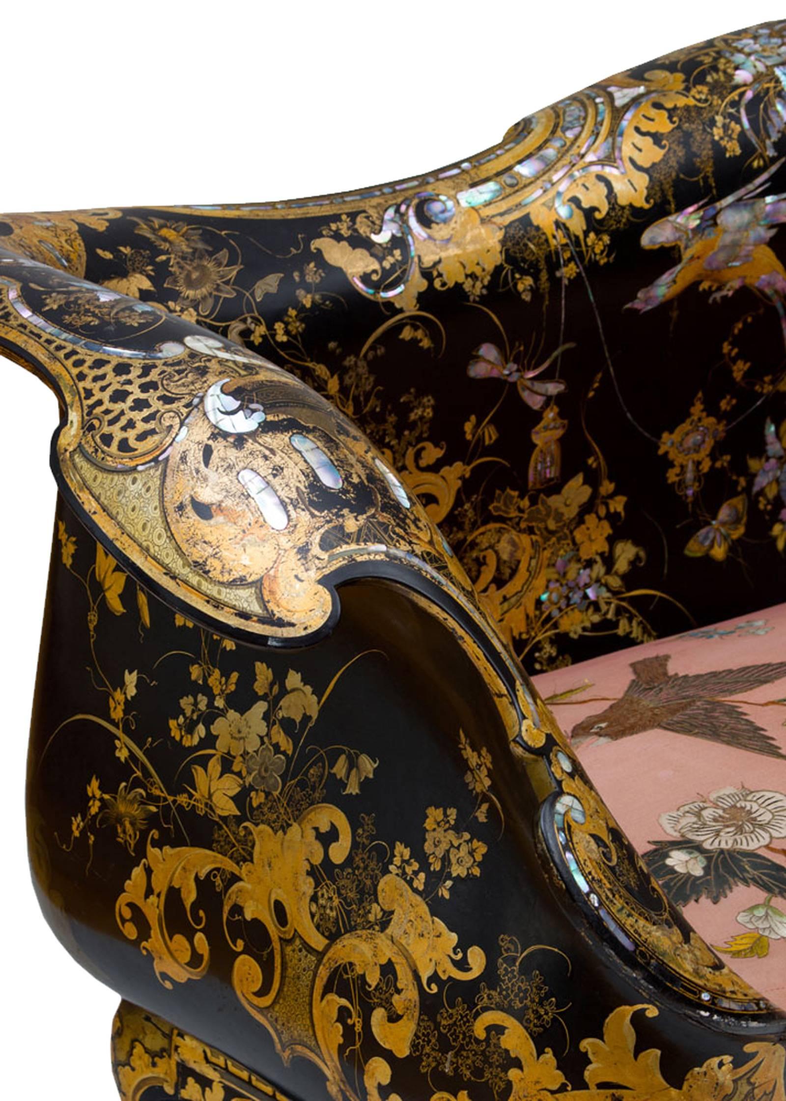 Parcel-Gilt & Mother-of-Pearl Inlaid Papier Mâché Settee by Jennens & Bettridge In Good Condition In Salt Lake City, UT