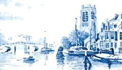 19th Century Delft Blue and White Tile of a Canal and Bridge