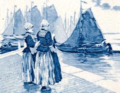 19th Century Delft Blue and White Tile of Two Dutch Women and Ships