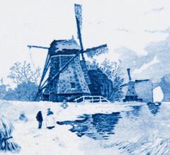 blaue und weiße Delfter Fliese des 19. Jahrhunderts mit Windmühlen und Schiffen
