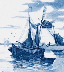 19th Century Delft Blue and White Tile of a Windmill and Ships