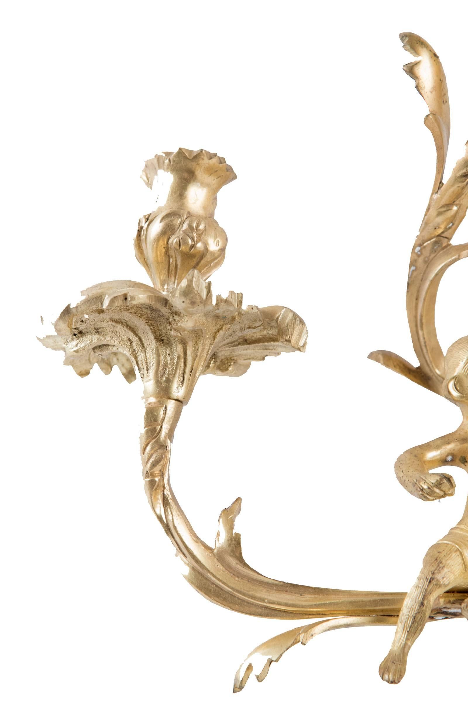 Ormolu Pair of Gilt Louis XV-Style Wall Sconces For Sale