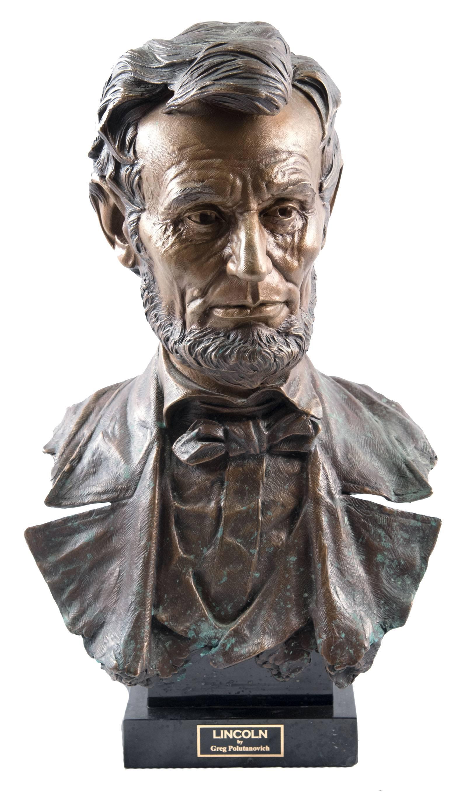 A masterfully sculpted bronze bust of Lincoln mounted on a black marble base by American artist Greg Polutanovich. With an exceptional eye for detail, Polutanovich has created a dramatically realistic and compelling portrait. 

An award-winning