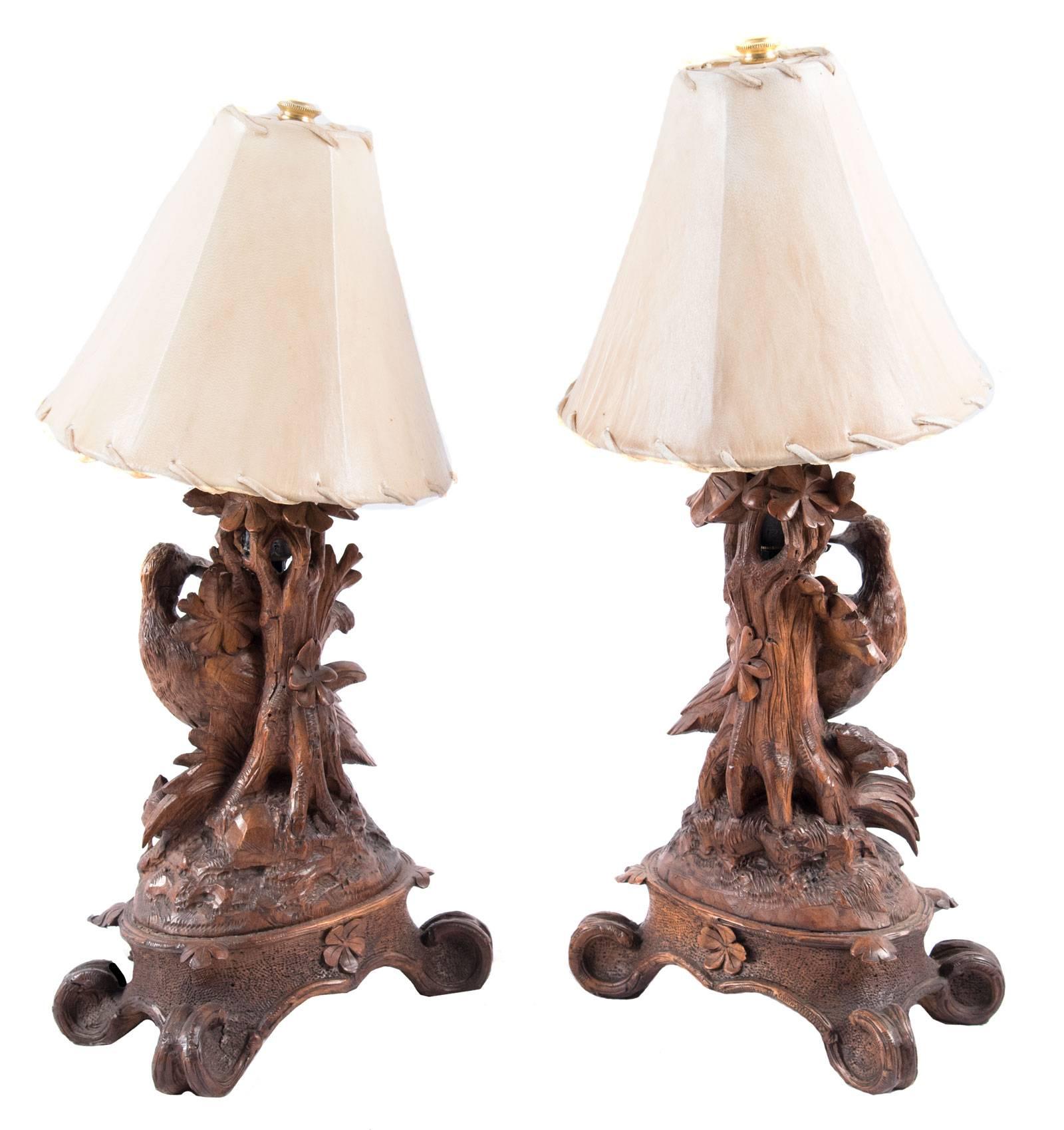 German Pair of 19th Century Black Forest Carved Wood Pheasant Table Lamps