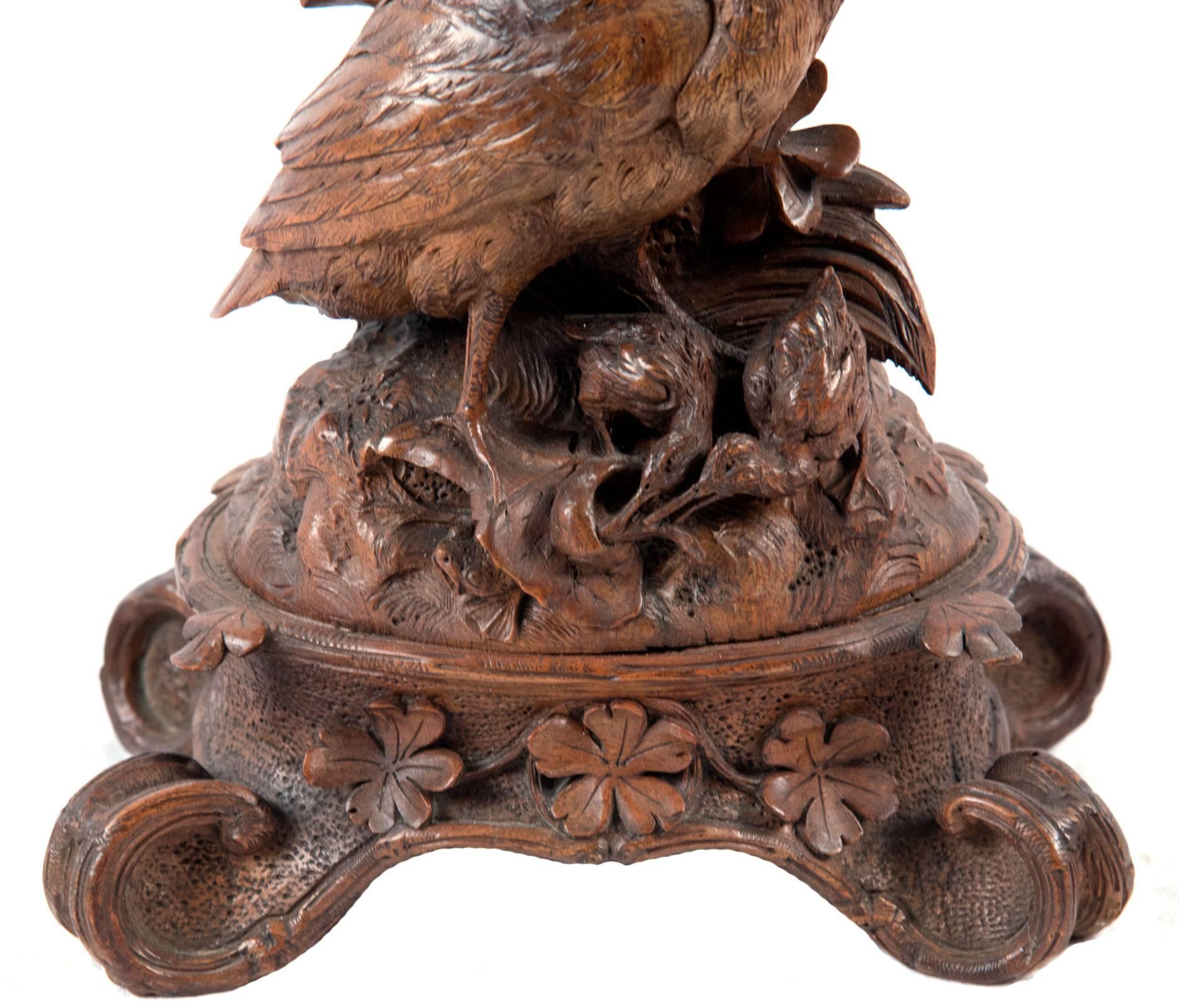 Walnut Pair of 19th Century Black Forest Carved Wood Pheasant Table Lamps
