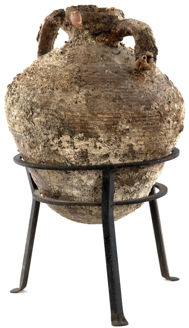 Italian Terracotta Amphora on Wrought Iron Tripod Stand For Sale at 1stdibs