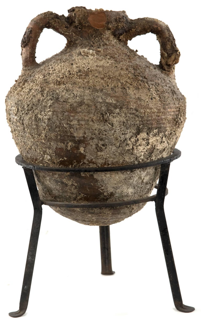 Italian Terracotta Amphora on Wrought Iron Tripod Stand at 1stDibs