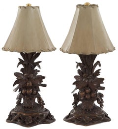 Pair of 19th Century Black Forest Carved Wood Bird Table Lamps