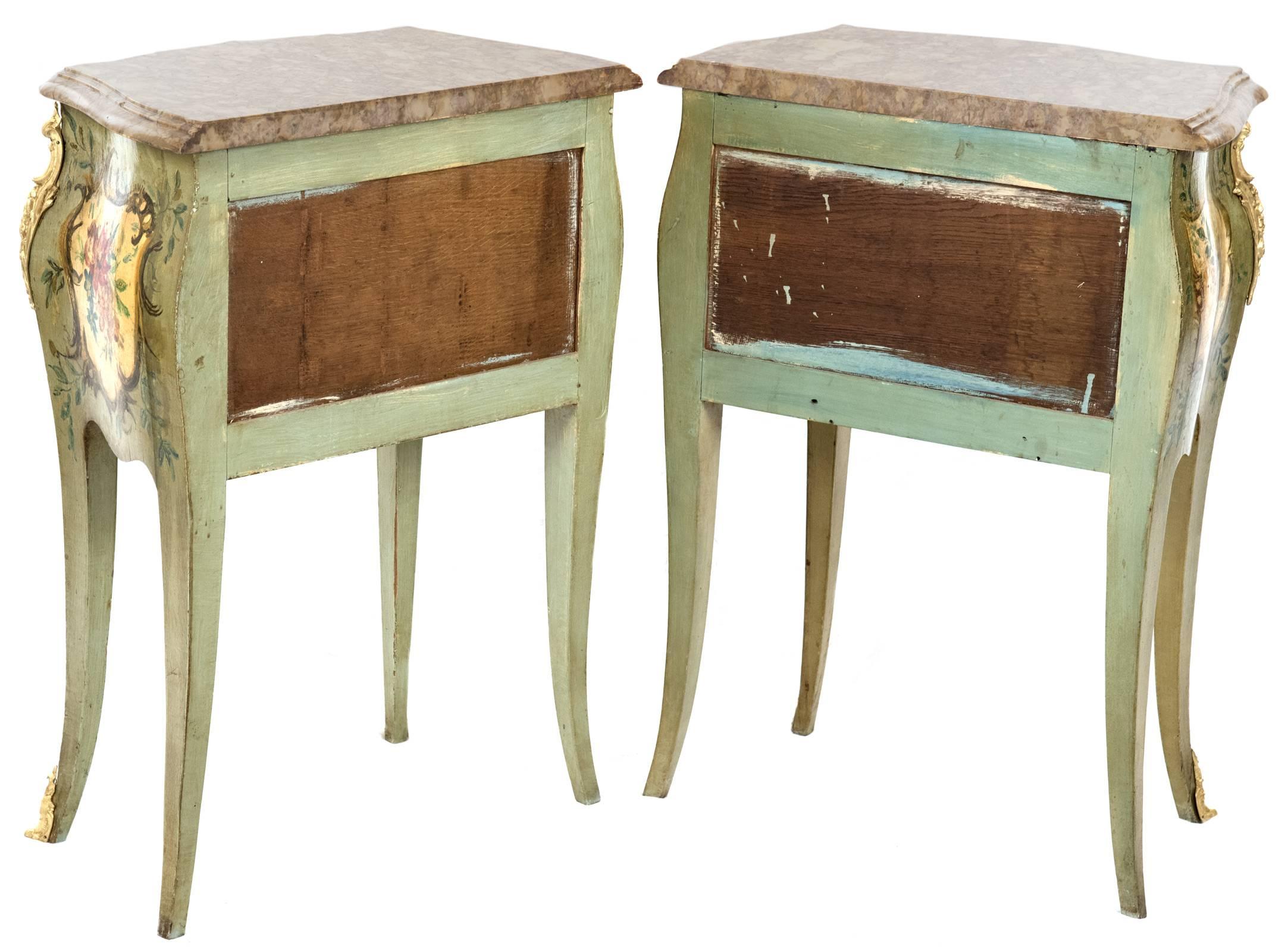 Ormolu French, Louis XVI Style Painted and Marble-Topped Nightstands