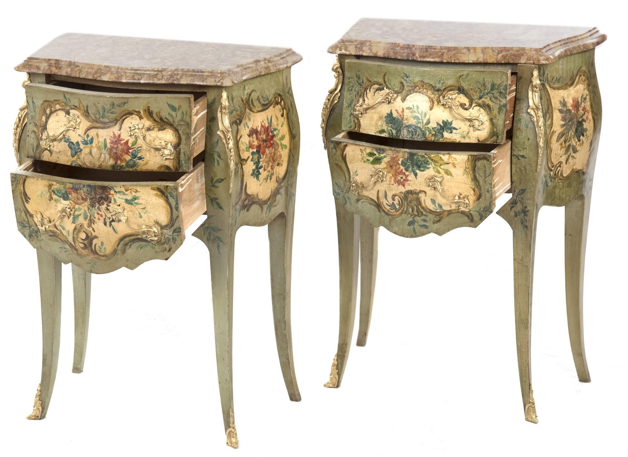 Rococo Revival French, Louis XVI Style Painted and Marble-Topped Nightstands