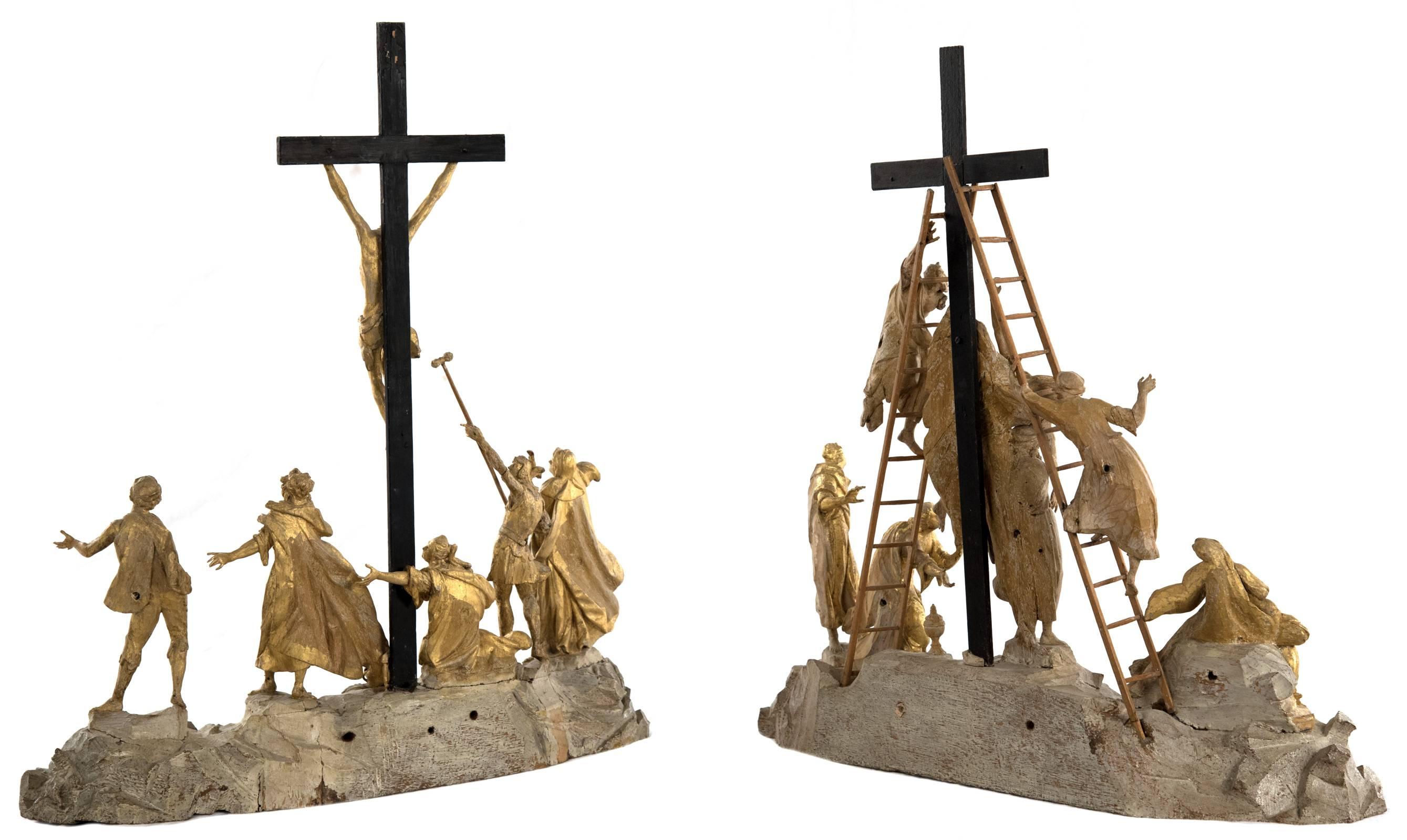 Set of Wood and Gold Leaf Crucifixion Sculptures In Good Condition In Salt Lake City, UT