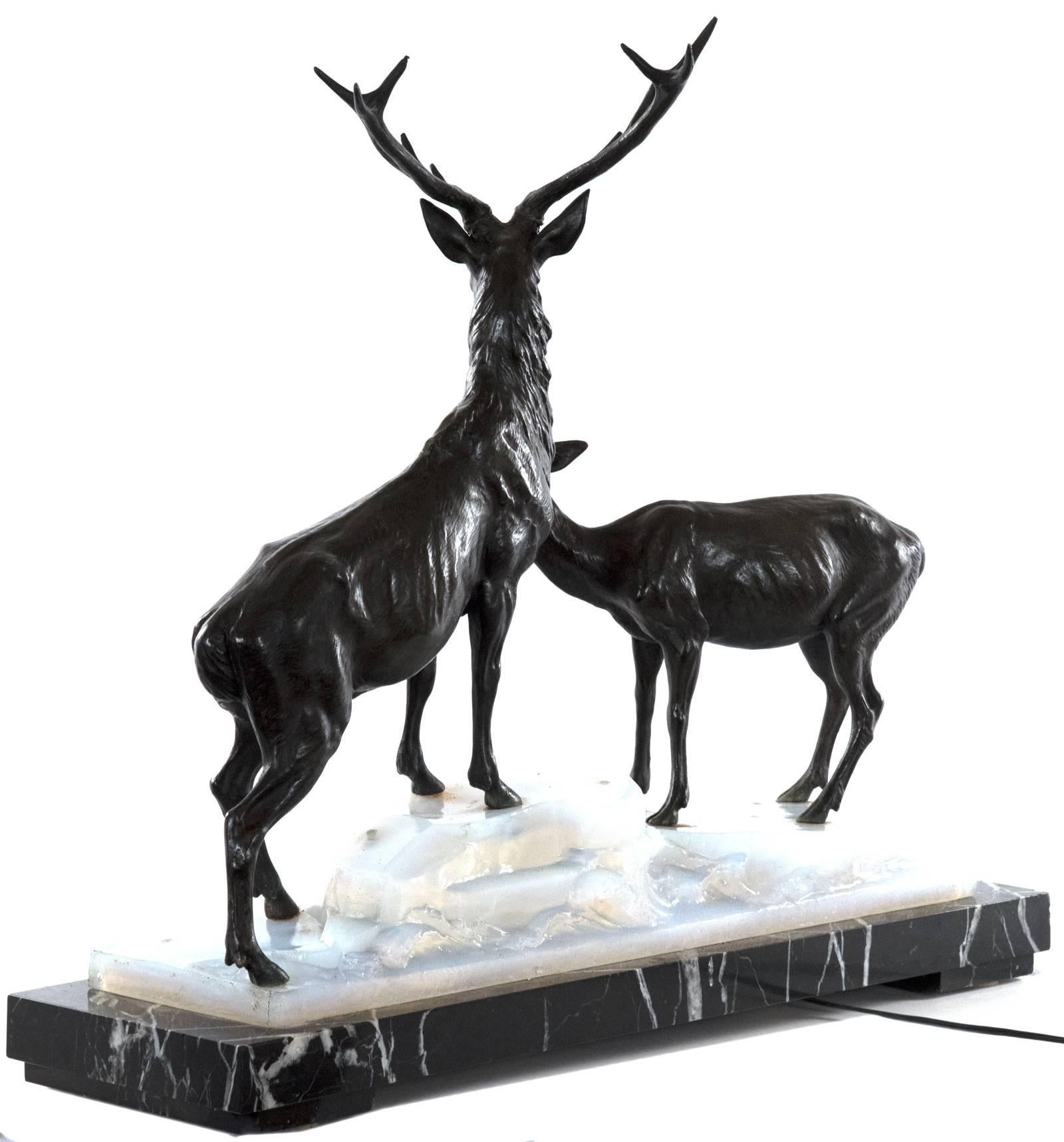 Bronze and Marble Stag and Doe Lamp after Louis-Albert Carvin In Good Condition In Salt Lake City, UT