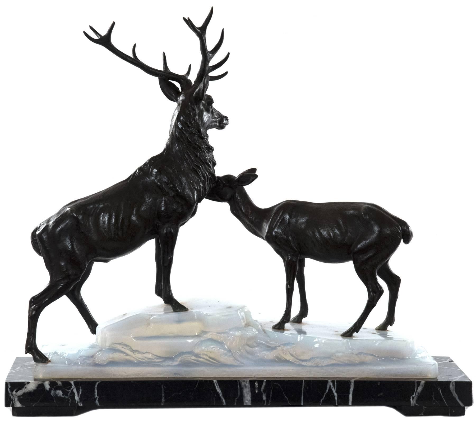 20th Century Bronze and Marble Stag and Doe Lamp after Louis-Albert Carvin