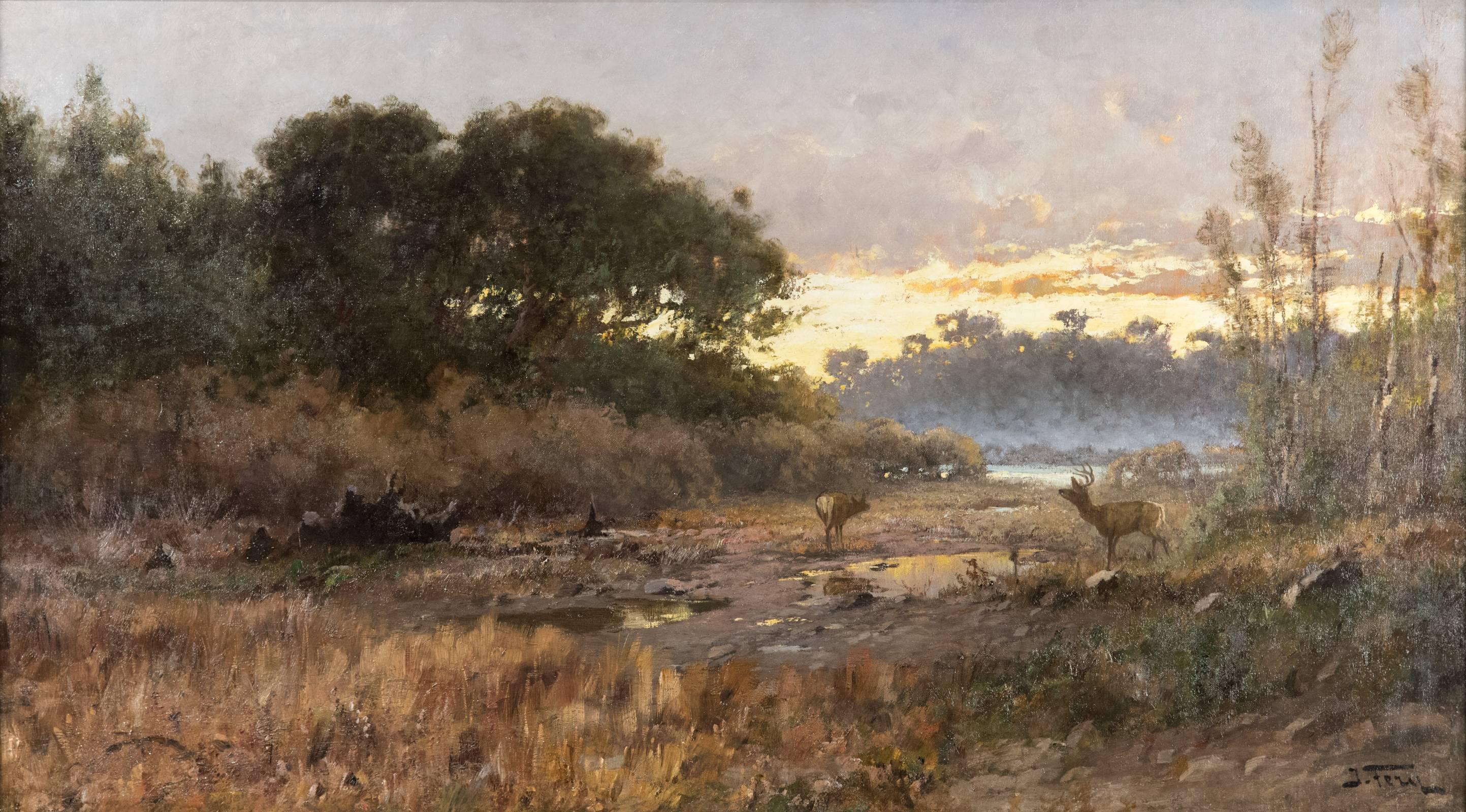 Golden light fills the sky, reflecting off pools of water from which deer drink within the marches, as the sun sets in this serene painting by John Fery (1859-1934). The relaxed, broad brushstrokes of this impressive panoramic landscape painting are