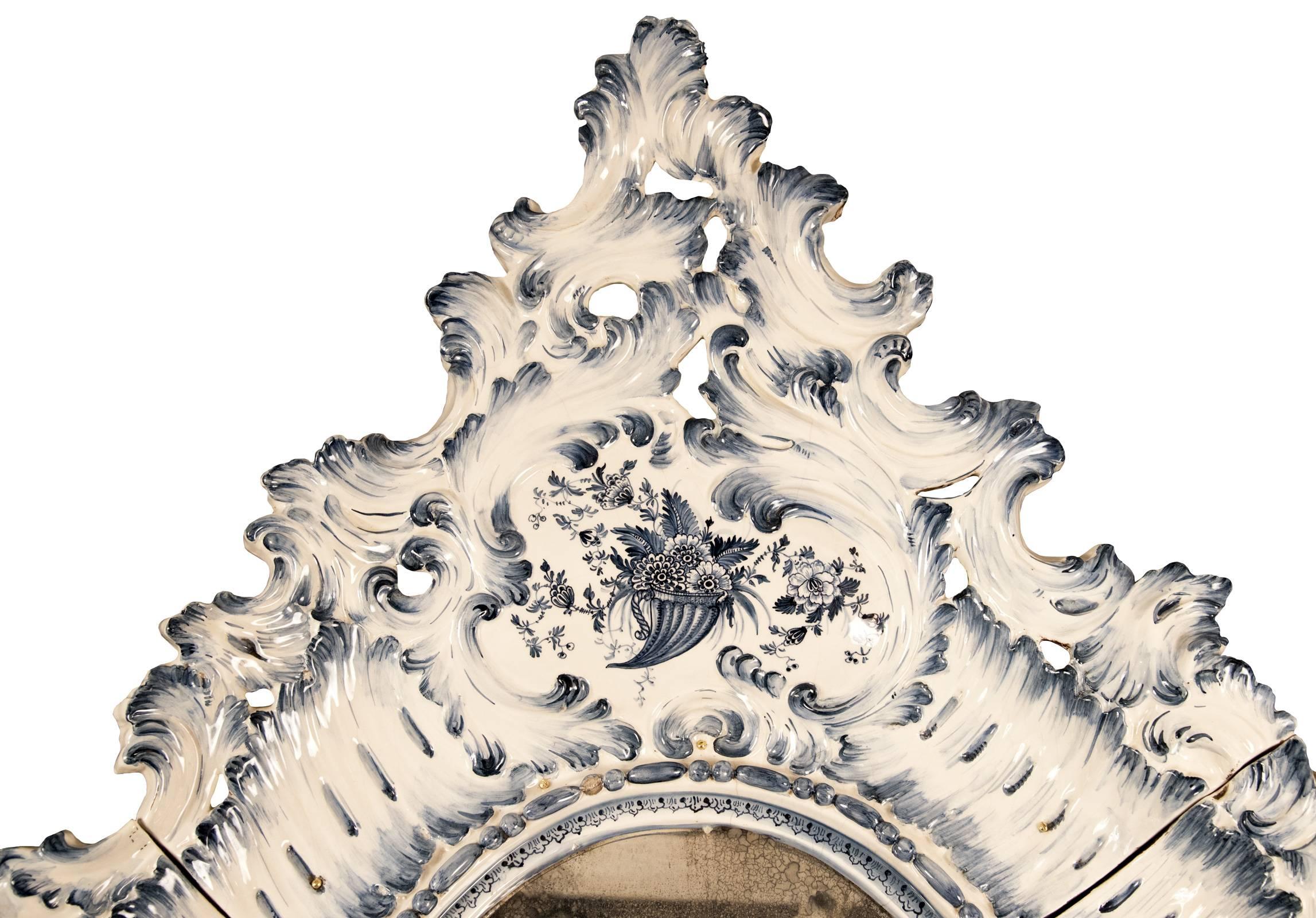 French Delft Porcelain Rococo-style Mirror with Metal Mirror Plate