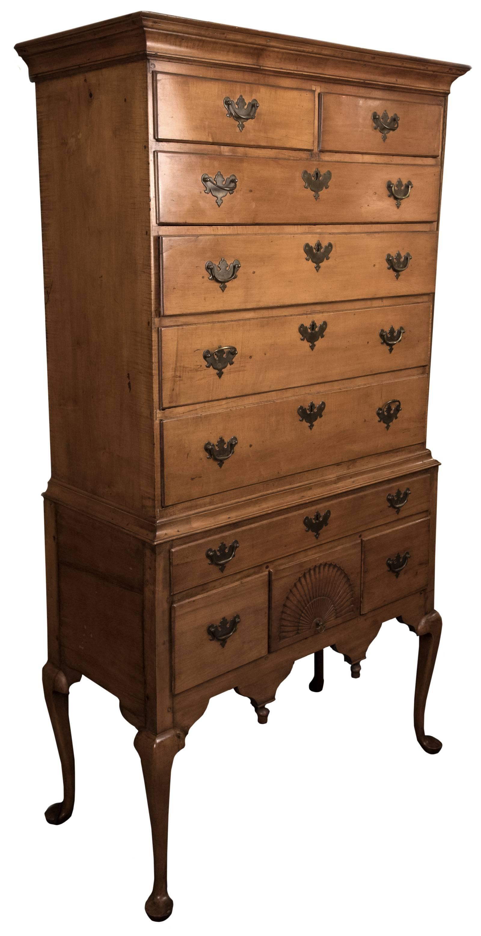 English Queen Anne Style Carved Maple Flat-Top Highboy