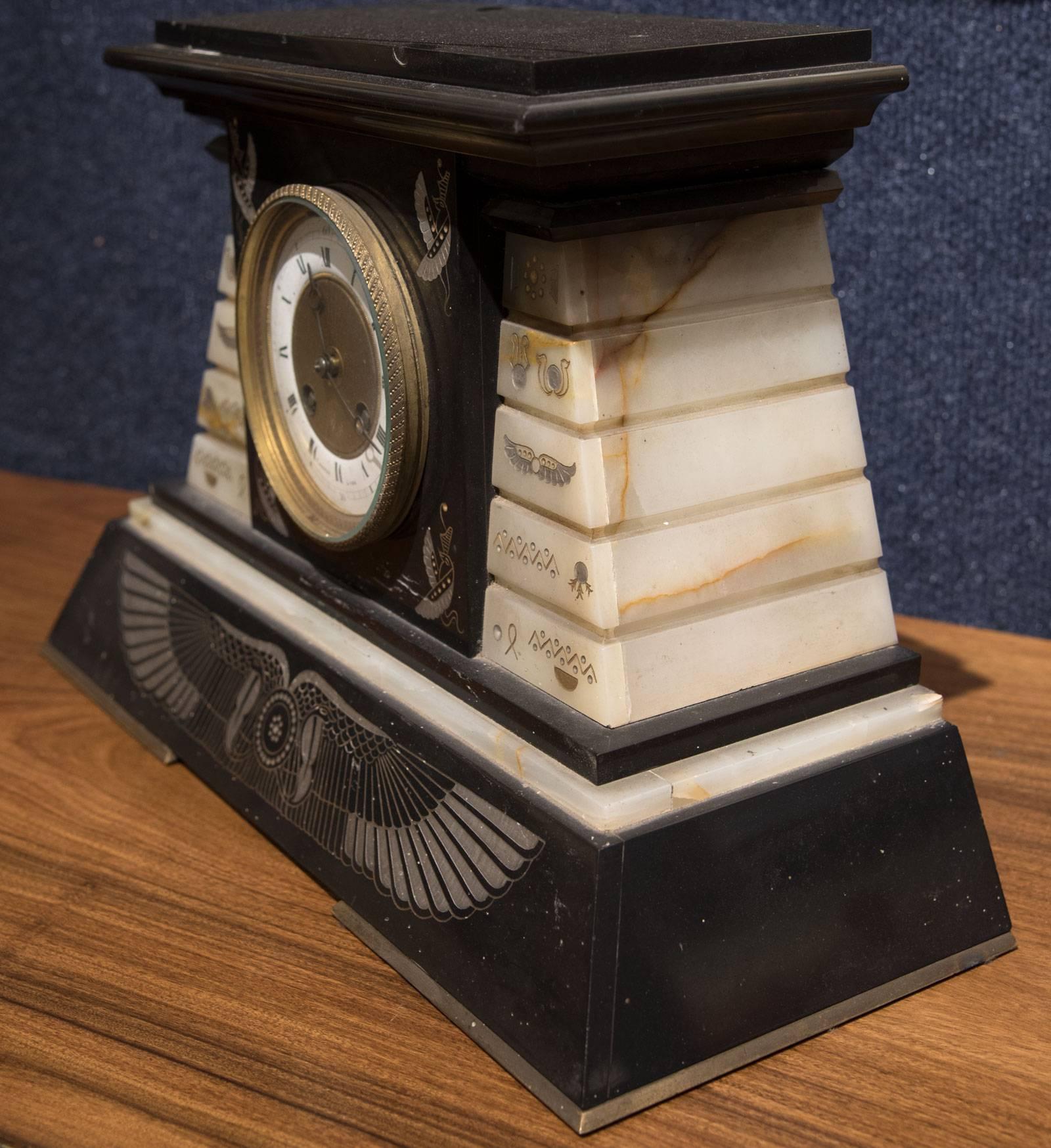 Napoleon III French Empire Marble and Onyx Mantle Clock For Sale