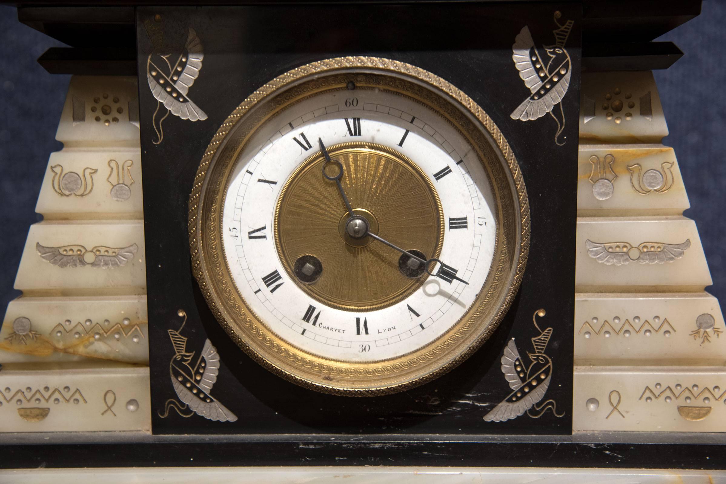 19th Century French Empire Marble and Onyx Mantle Clock For Sale