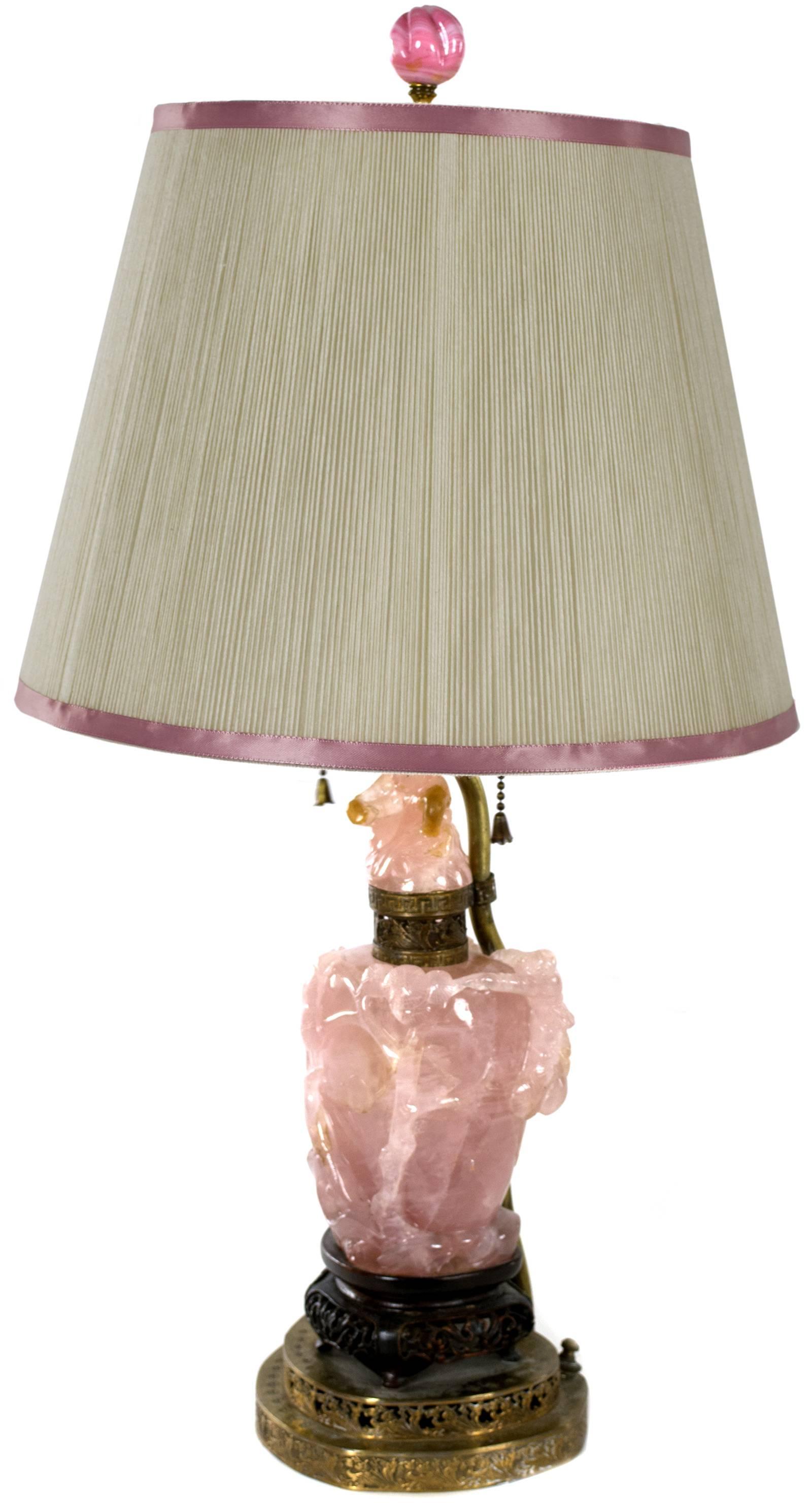20th Century Chinese Carved Rose Quartz Table Lamp