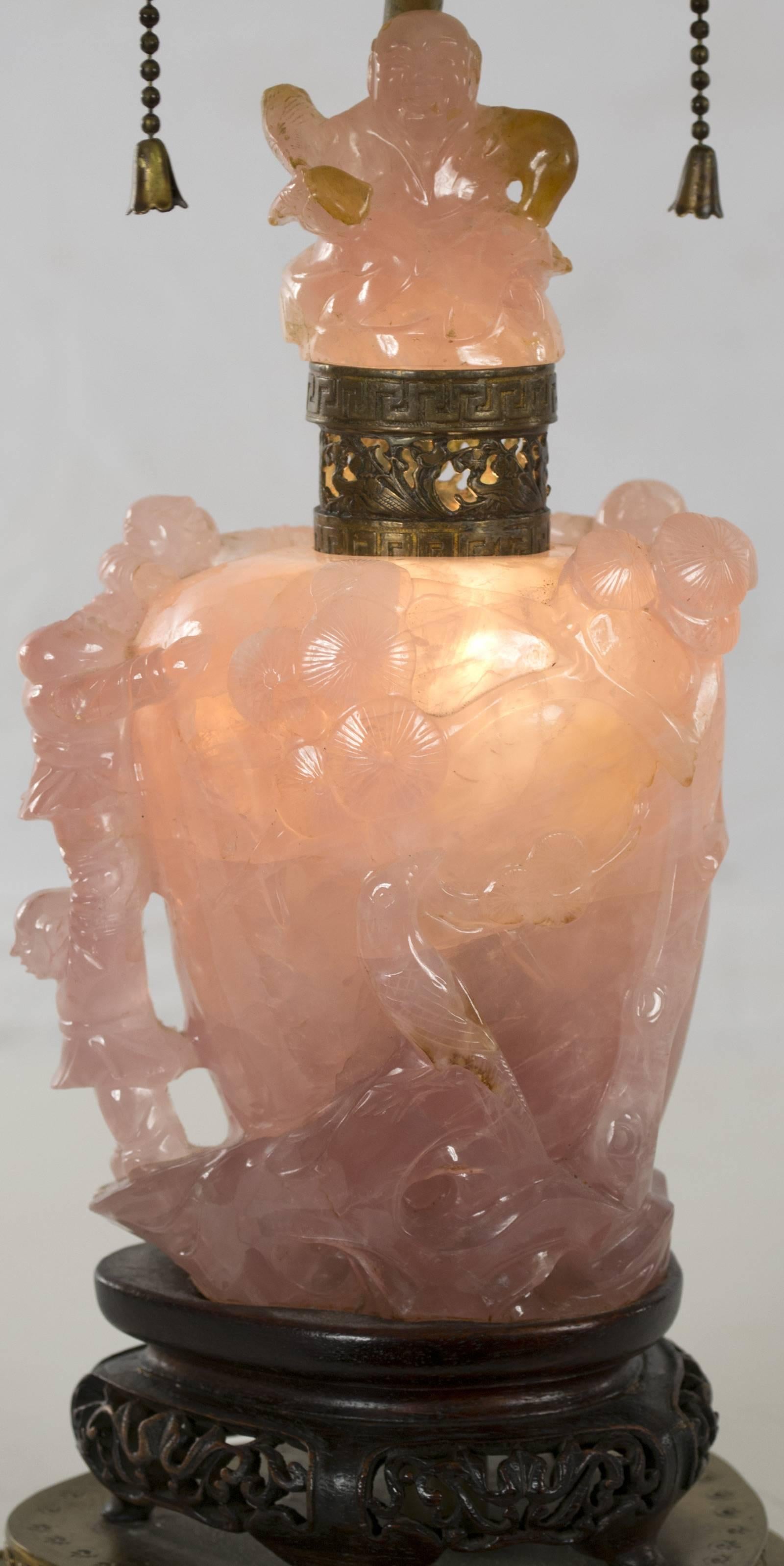 Chinese Carved Rose Quartz Table Lamp 1