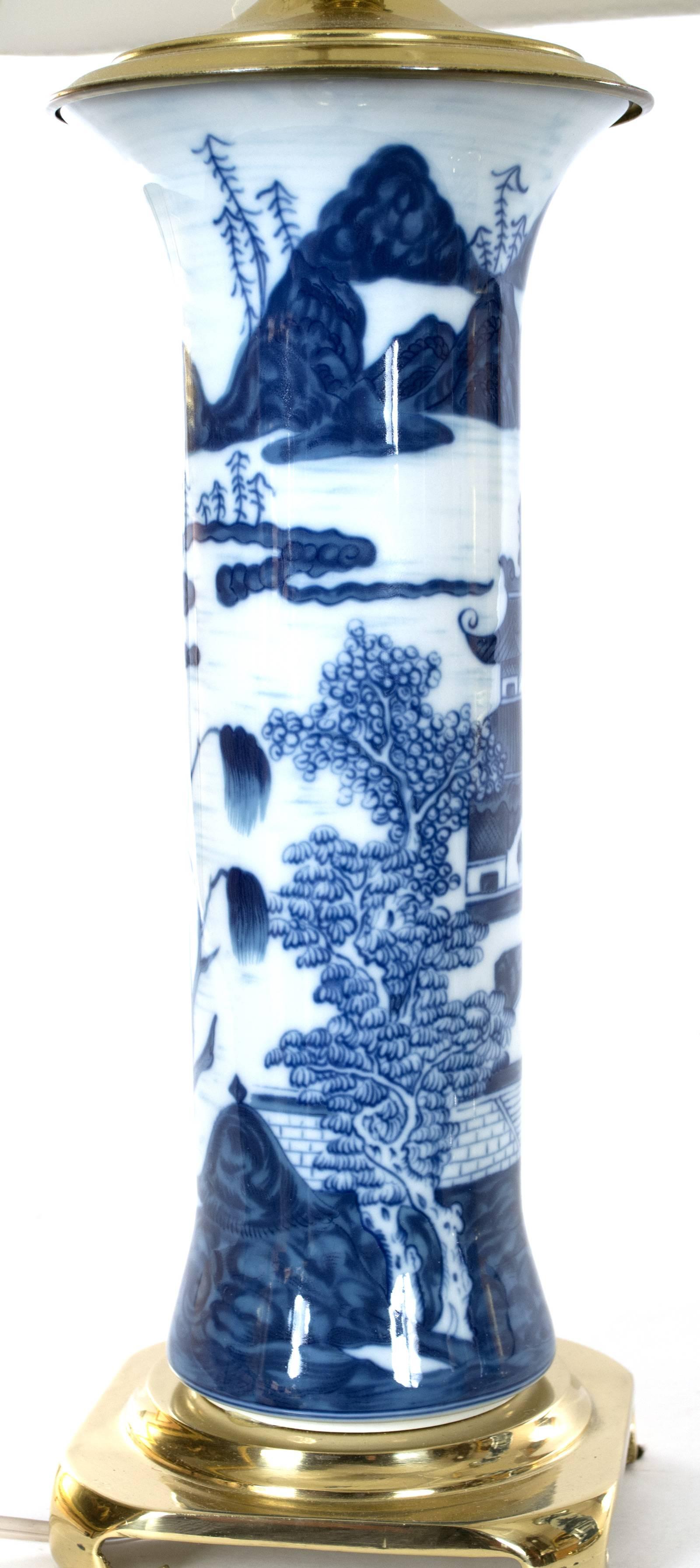 Pair of Chinese Blue and White Gu Vase Table Lamps In Good Condition In Salt Lake City, UT