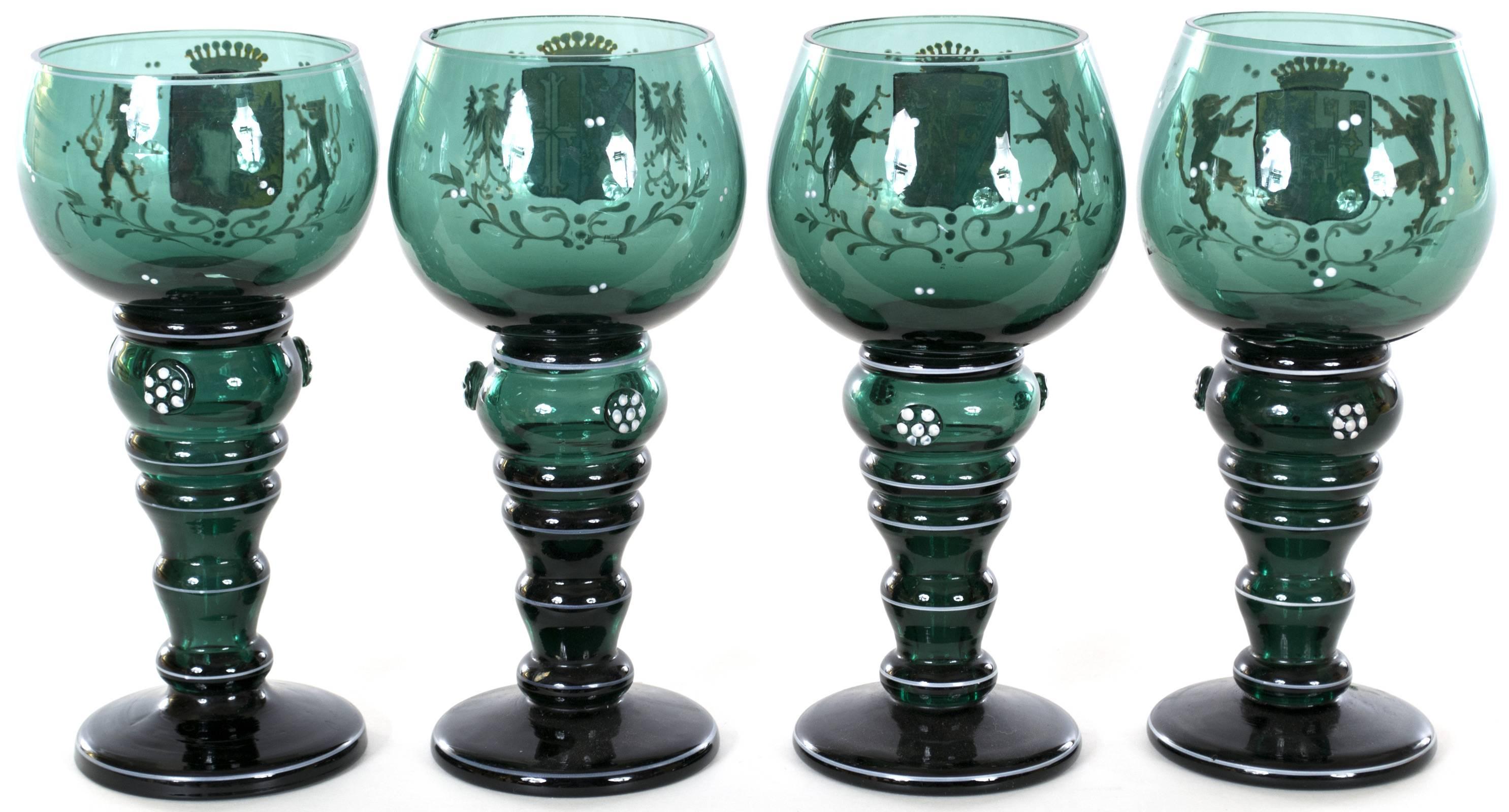 20th Century Set of Four Czech Glass Goblets with Coats of Arms