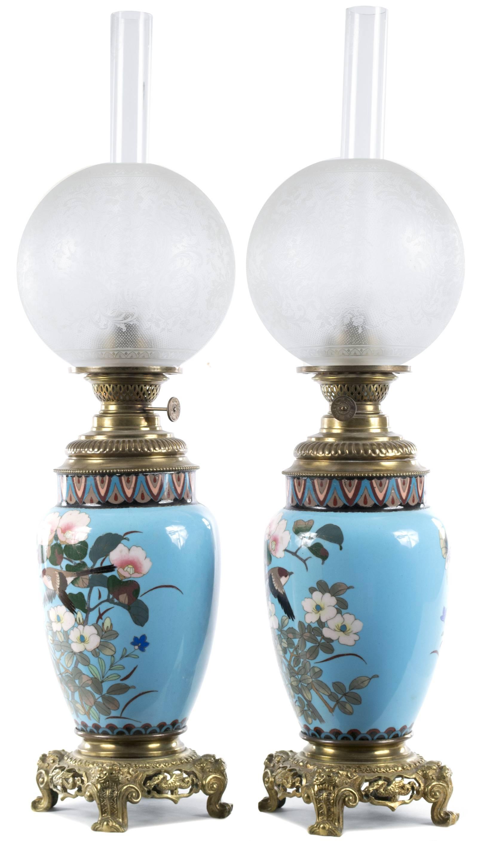 Japanese Pair of Meiji Cloisonné Lamps with French Ormolu Fittings