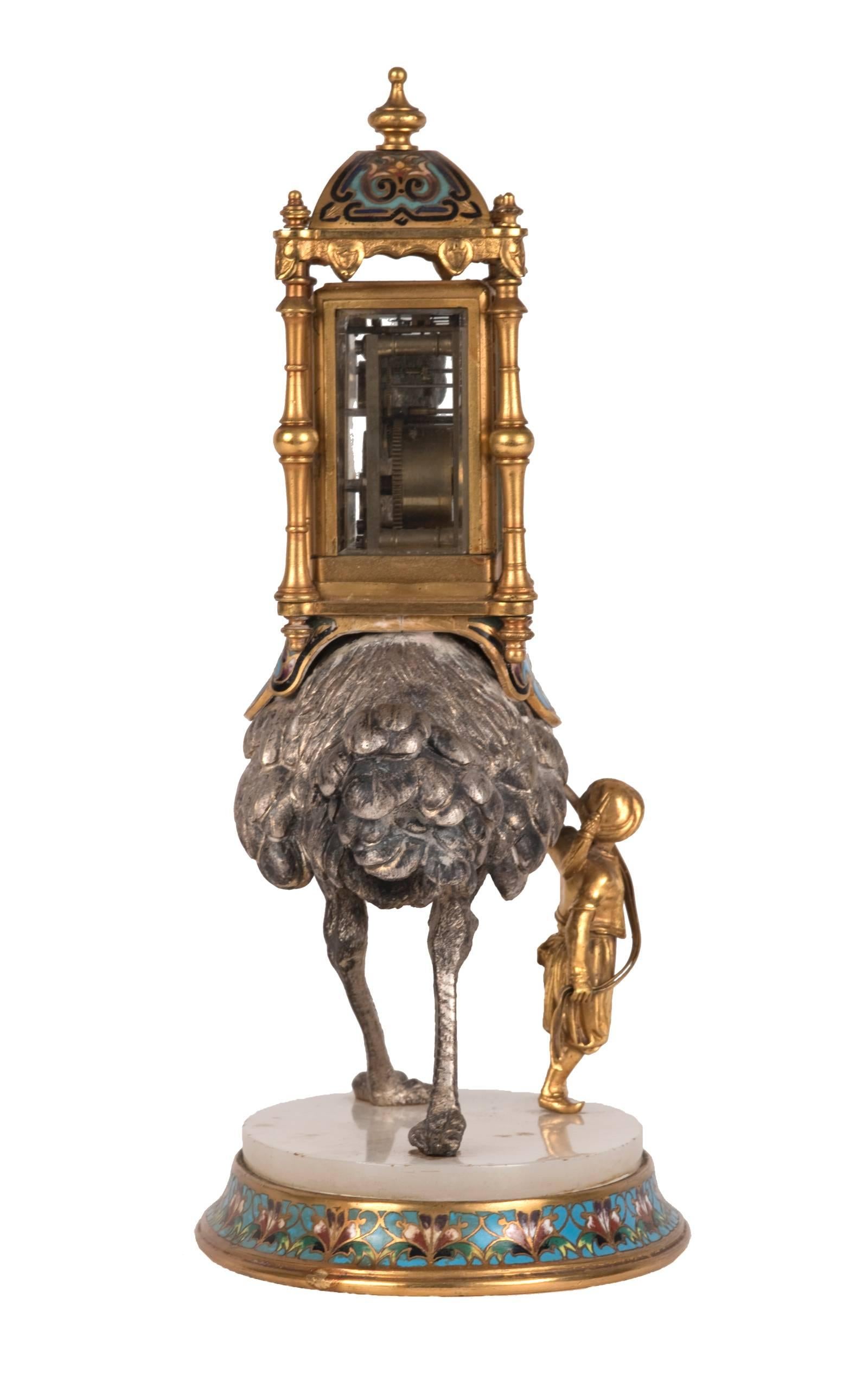 French Gilt and Silvered Bronze and Cloisonné Figural Clock