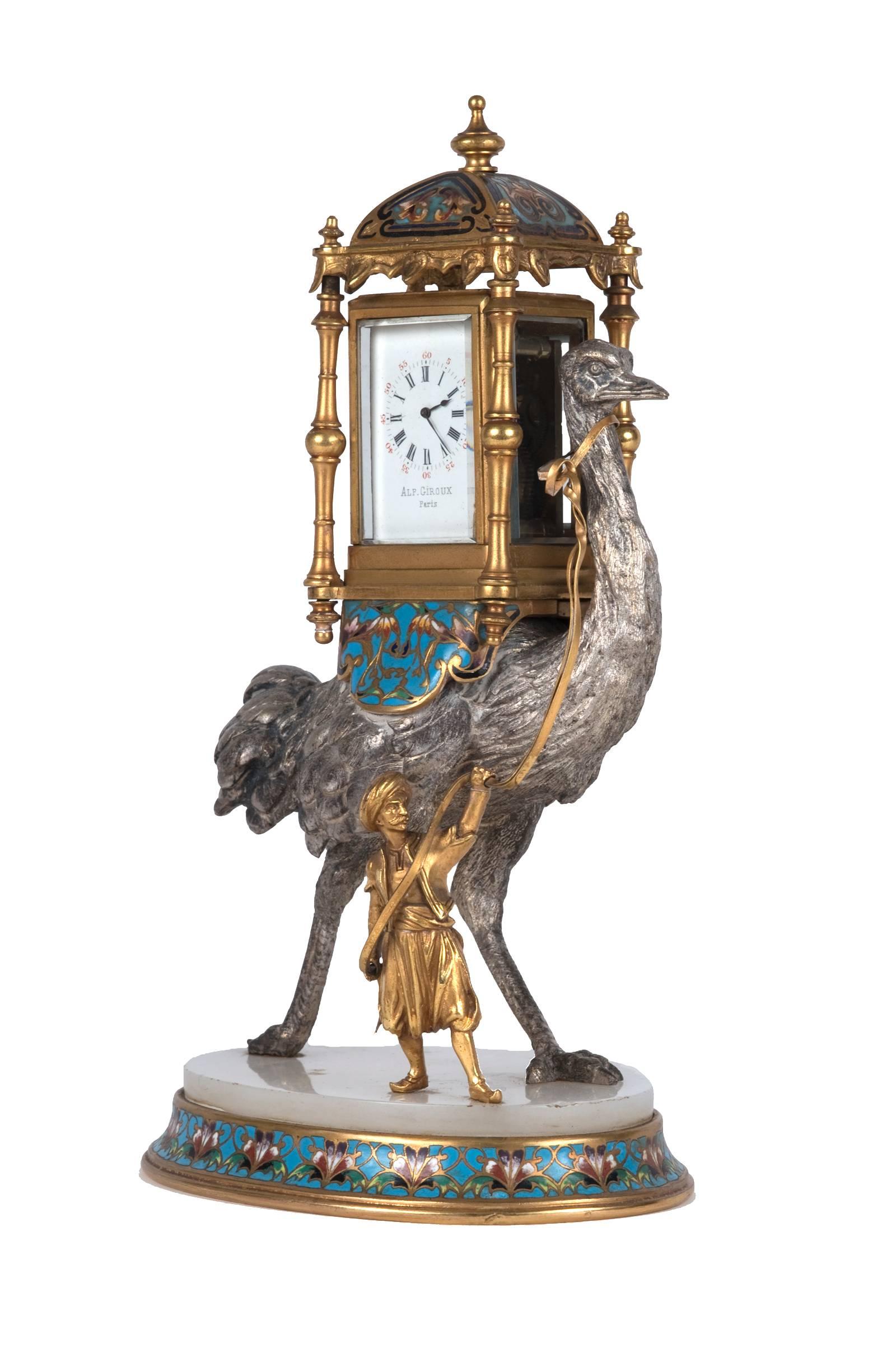 Gilt and Silvered Bronze and Cloisonné Figural Clock In Good Condition In Salt Lake City, UT
