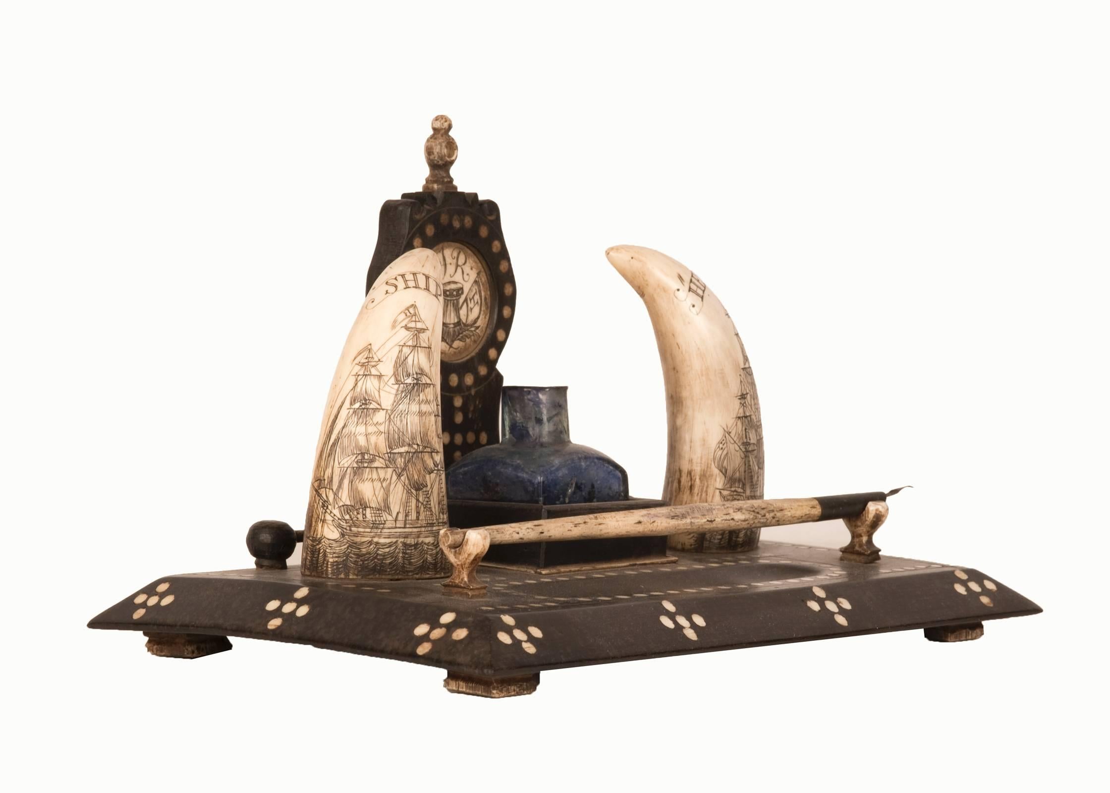 18th Century Baleen Inkwell Inlaid with Whale's Tooth