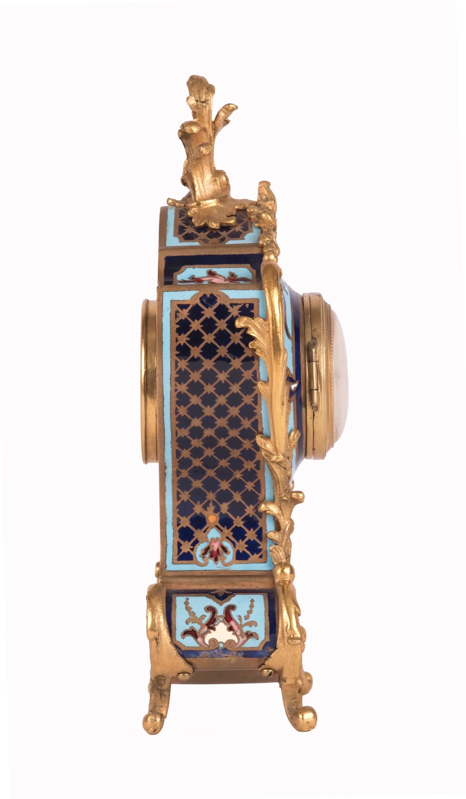 French Louis XV Style Cloisonné Gilt Bronze-Mounted Mantel Clock For Sale