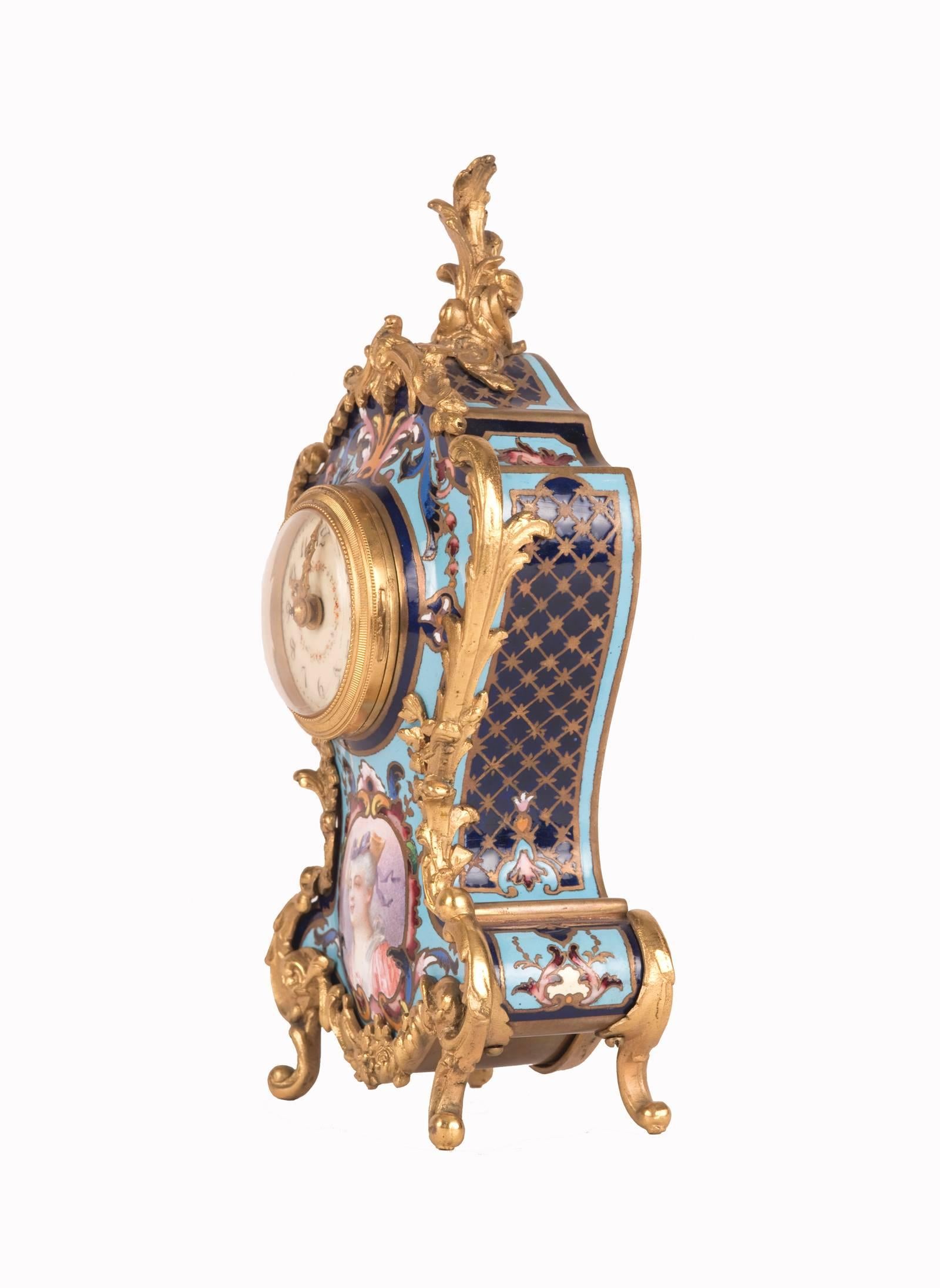 Louis XV Style Cloisonné Gilt Bronze-Mounted Mantel Clock For Sale 1