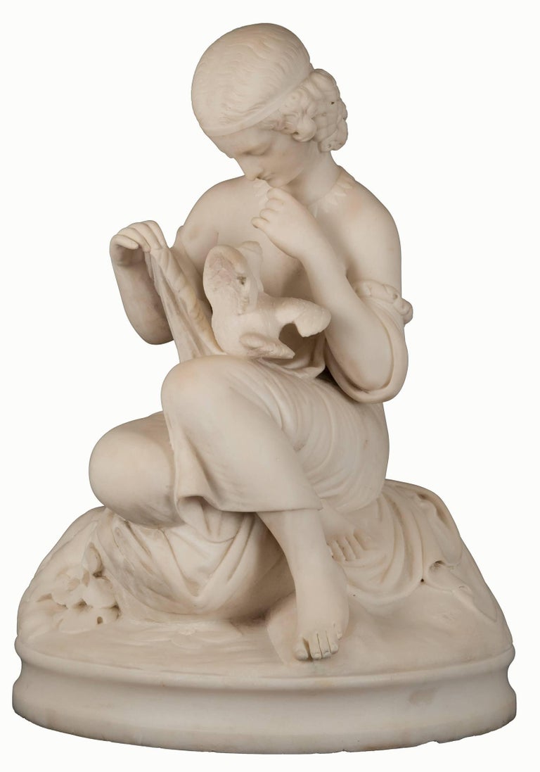 19th Century Figurative Marble Statue of a Young Maiden and Dove For Sale