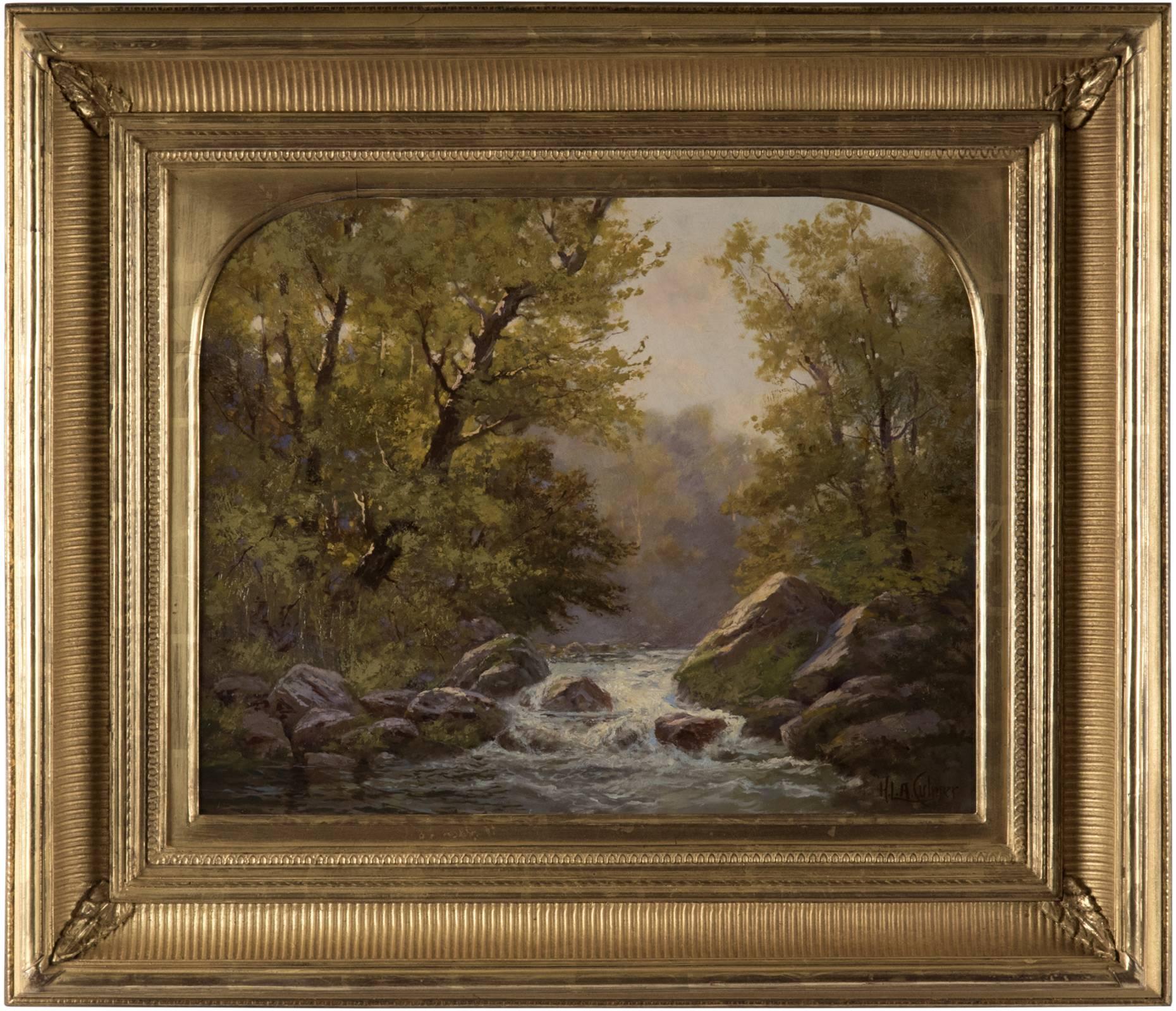This oil on canvas scene shows a babbling Trout Brook with rock and grass banks through a thick forest. Pale blue sky can be seen beyond the narrow span of the trees, with the golden glow of sunlight piercing through the full trees. Culmer's keen