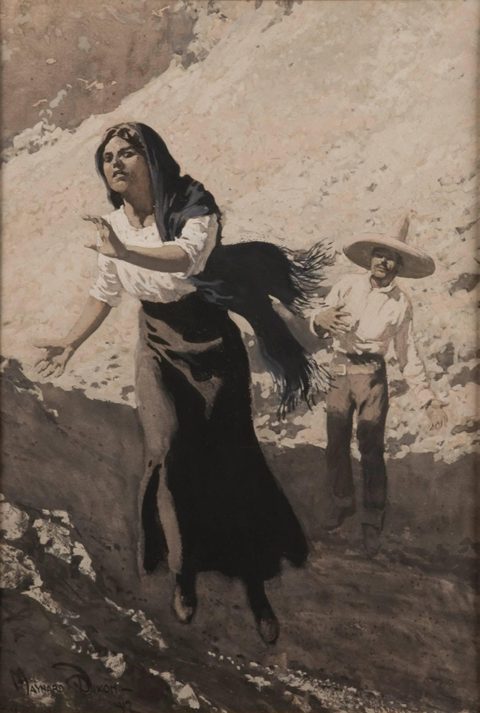 Captured in mid-stride with her dark shawl blowing behind her, a seemingly distressed woman runs toward the foreground of the composition, away from an exasperated man in the background. The dark attire and left lean of the female figure, in