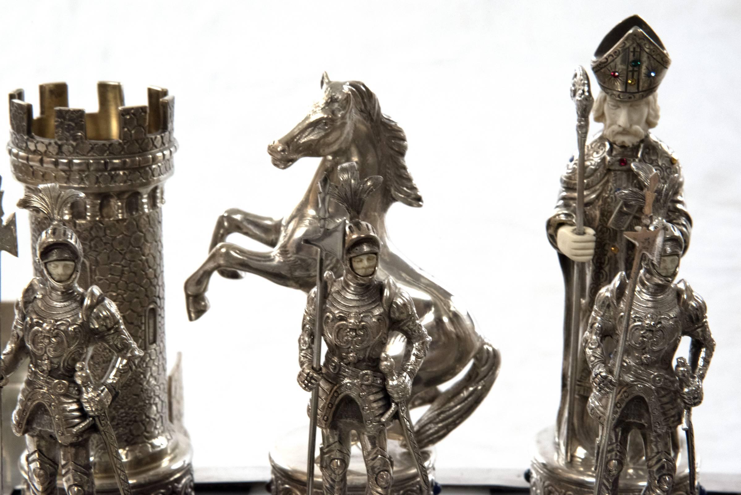 German Jewel Encrusted Silver and Bone Chess Set 2